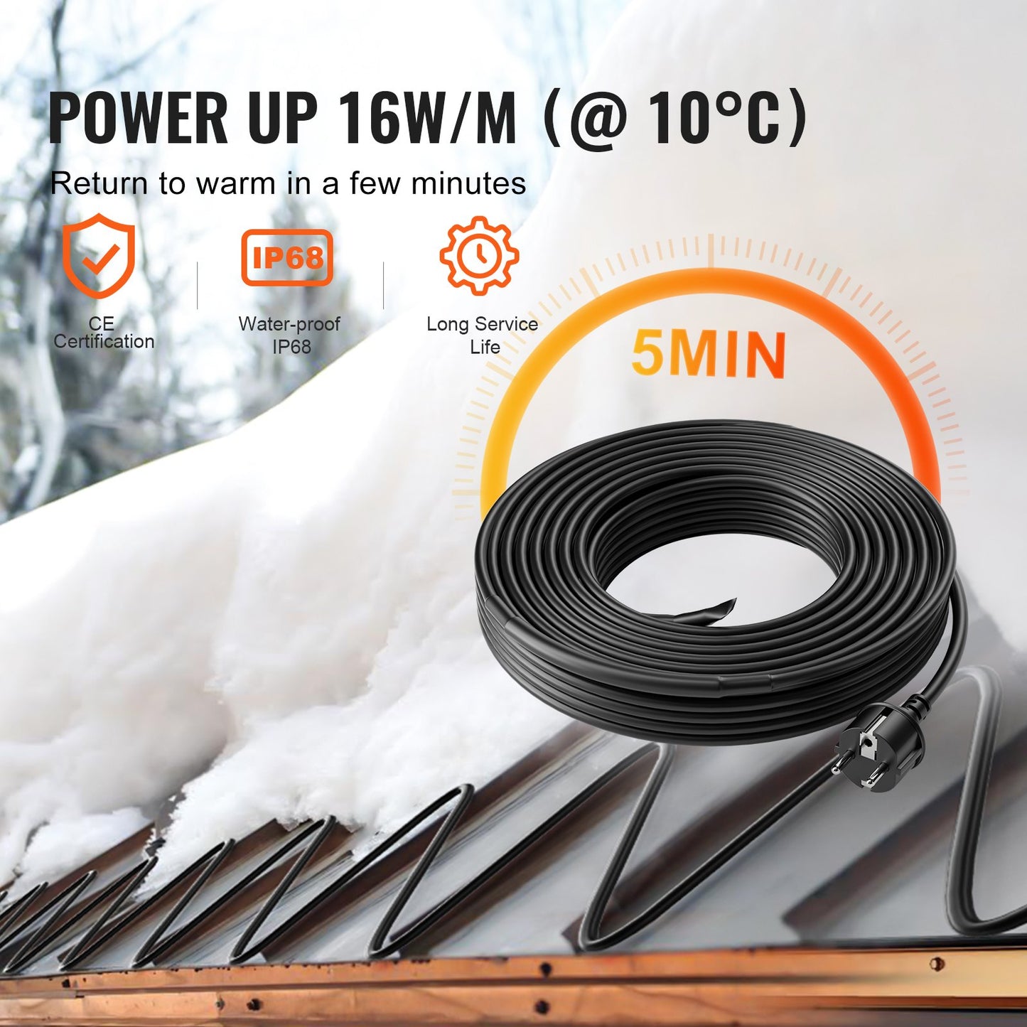 VEVOR Self-Regulating Pipe Heating Cable, 30FT 5W/FT Heat Tape for Pipes, Roof Snow Melting,-$30