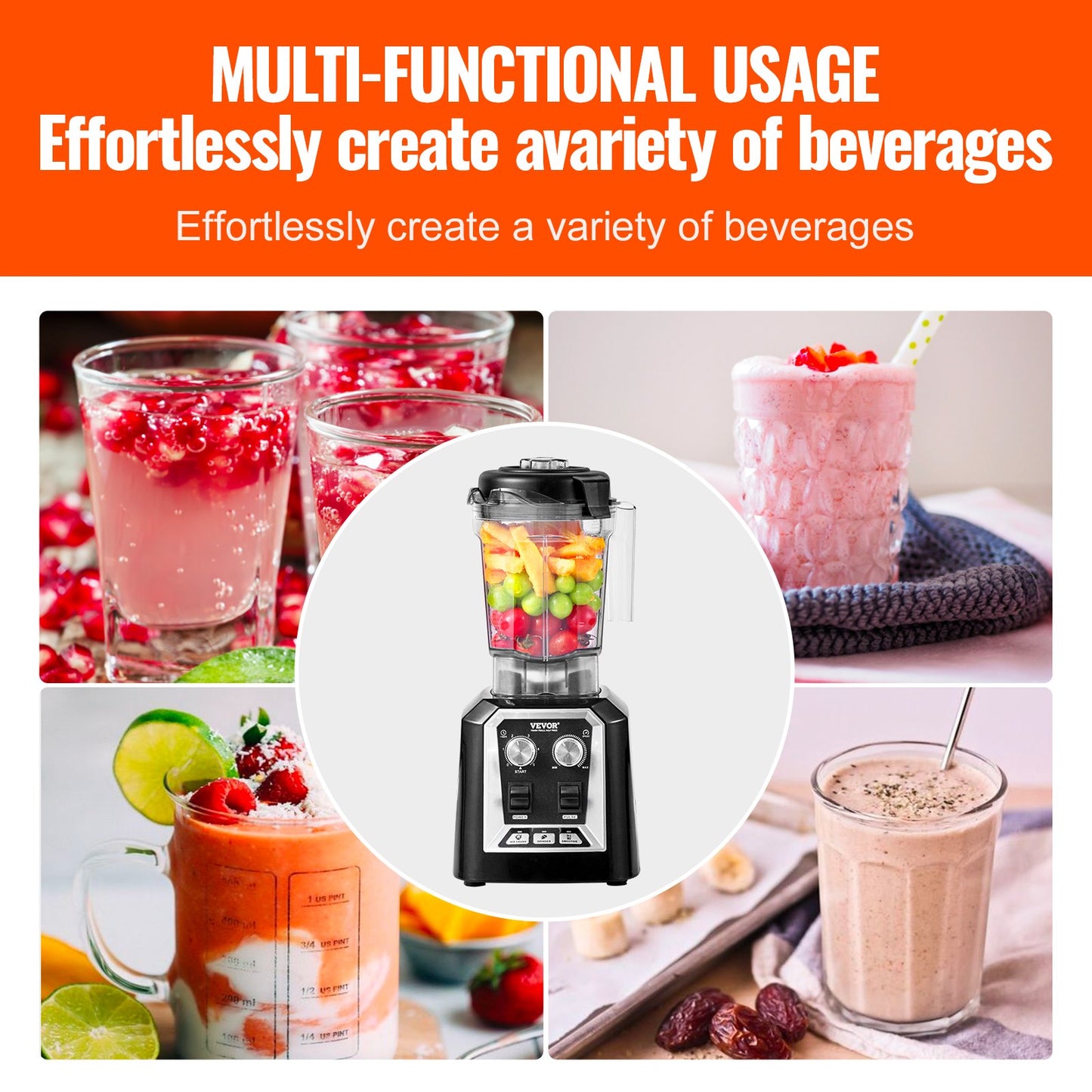 VEVOR Professional Blender, Commercial Countertop Blenders, 68 oz Plastic Jar Blender Combo,-$60