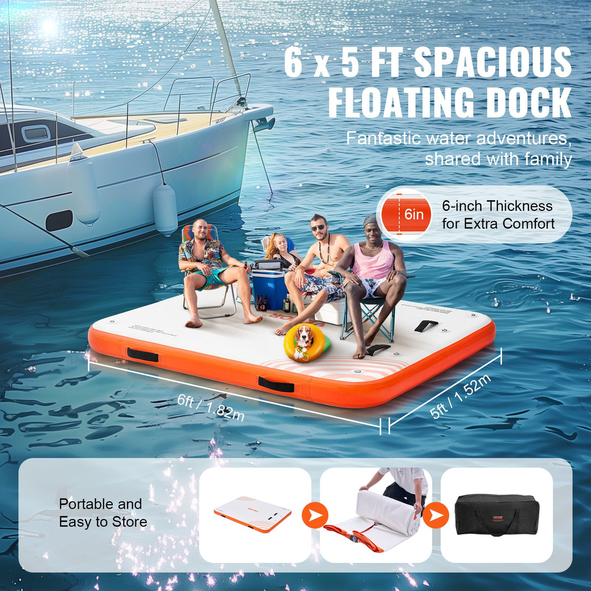 VEVOR Inflatable Floating Dock,6 x 5FT Inflatable Dock Platform,Non-Slip Water Floating Dock Mat W/Portable Carrying Bag & Detachable Ladder