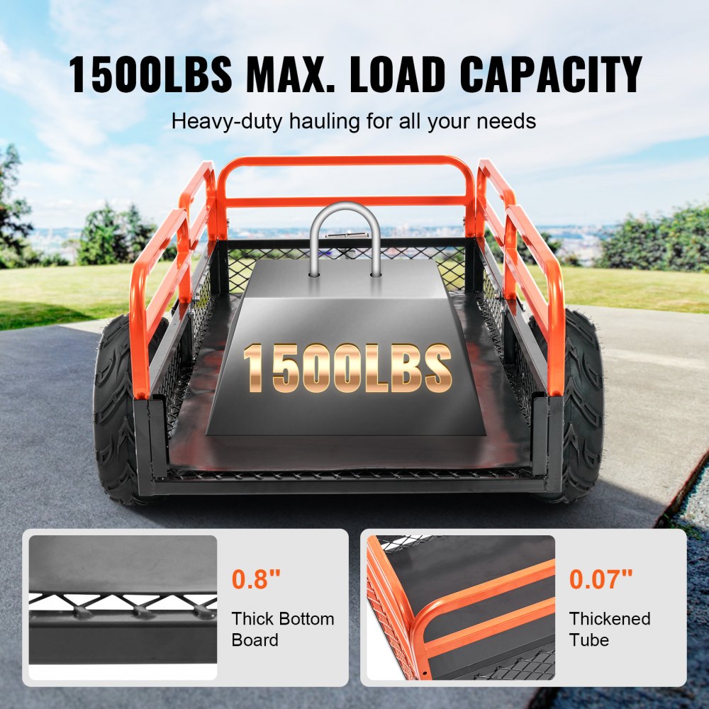 VEVOR Heavy Duty Steel ATV Dump Trailer, 1500-Pound Load Capacity 15 Cubic Feet, with Removable Sides and 2 Tires
