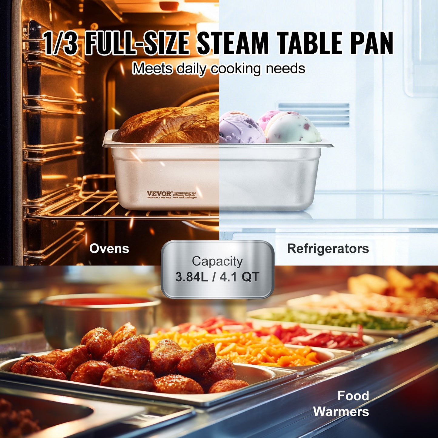 VEVOR 6 Pack Hotel Pans, 1/3 Size Anti-Jam Steam Pan, 0.8mm Thick Restaurant Steam Table Pan,-$35