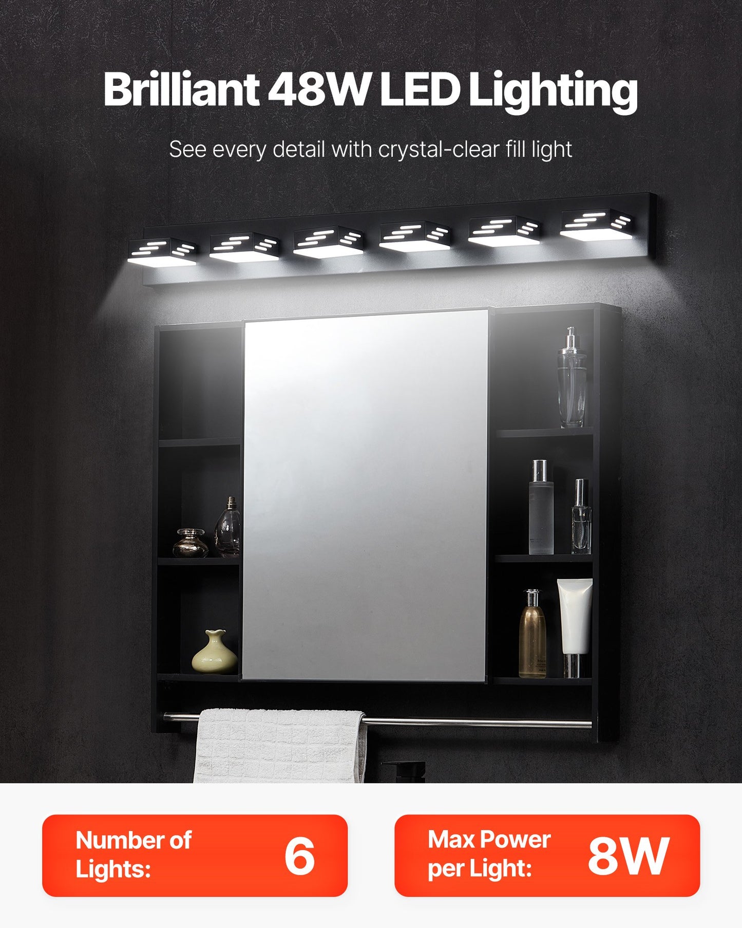 VEVOR 6-Light LED Modern VanityLight Fixtures, 40.35-Inch, Black Finish Bathroom Wall Lighting