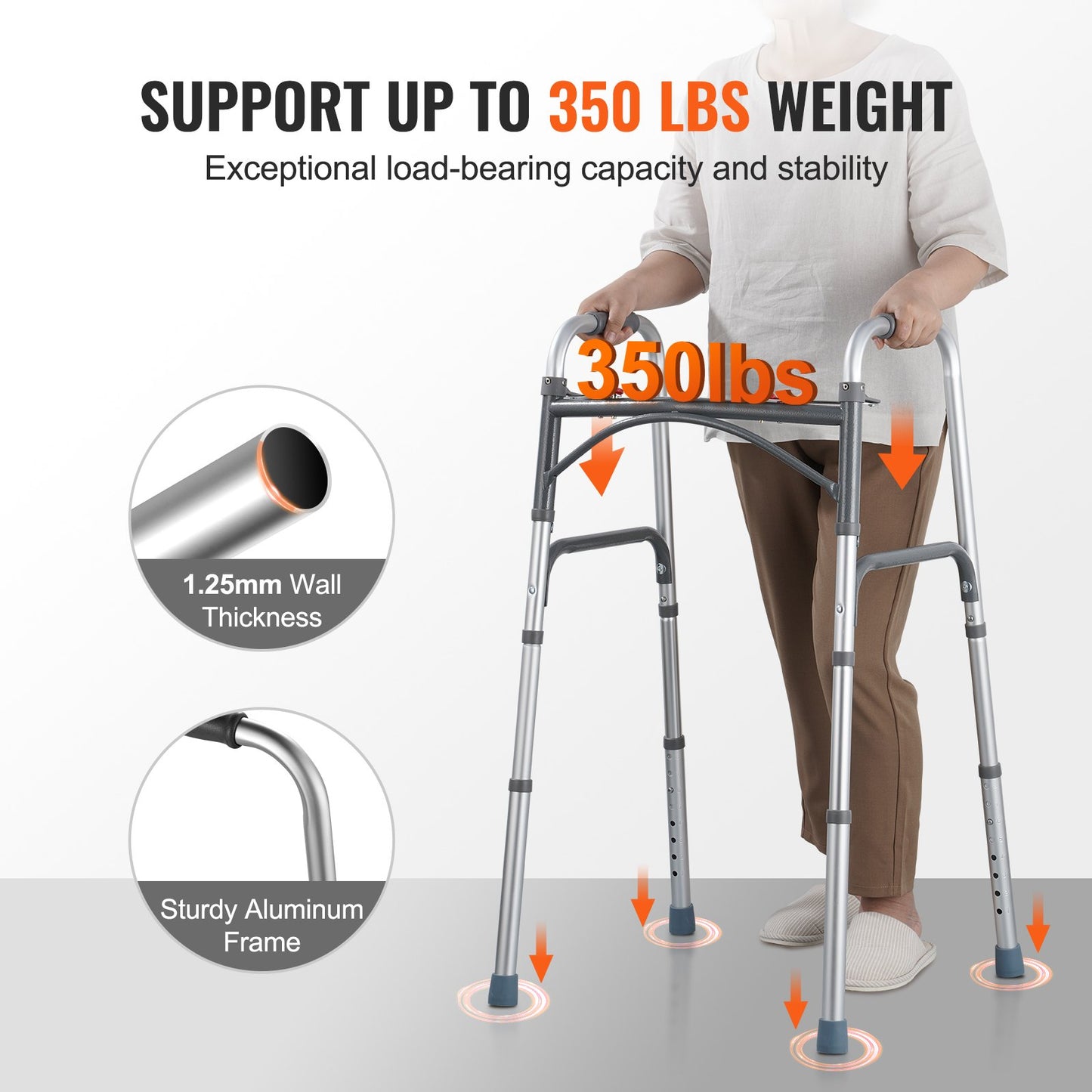 VEVOR Folding Walker, 2-Button Folding Walkers with 8-Level Adj Height and Durable Handles,-$35