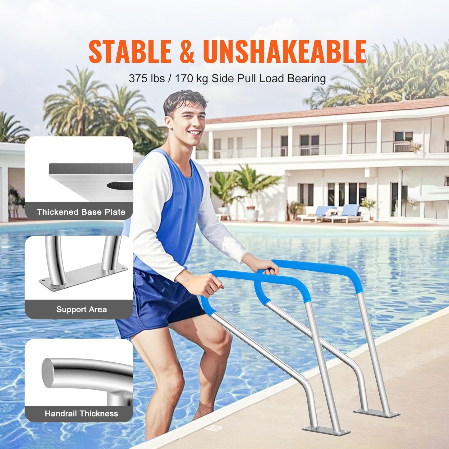 VEVOR Pool Handrail, 39 x 32 inch Pool Railing, Stainless Steel with Base Plate for Indoor/Outdoor,-$80