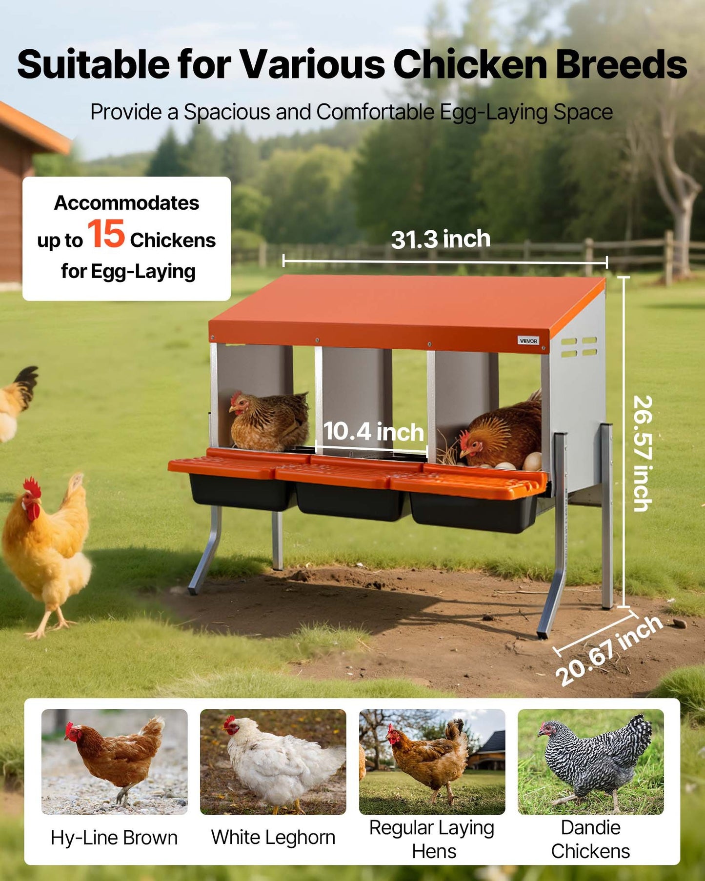 VEVOR Chicken Nesting Boxes, 3 Compartments, with Support Legs, Easy Egg Collection,-$70