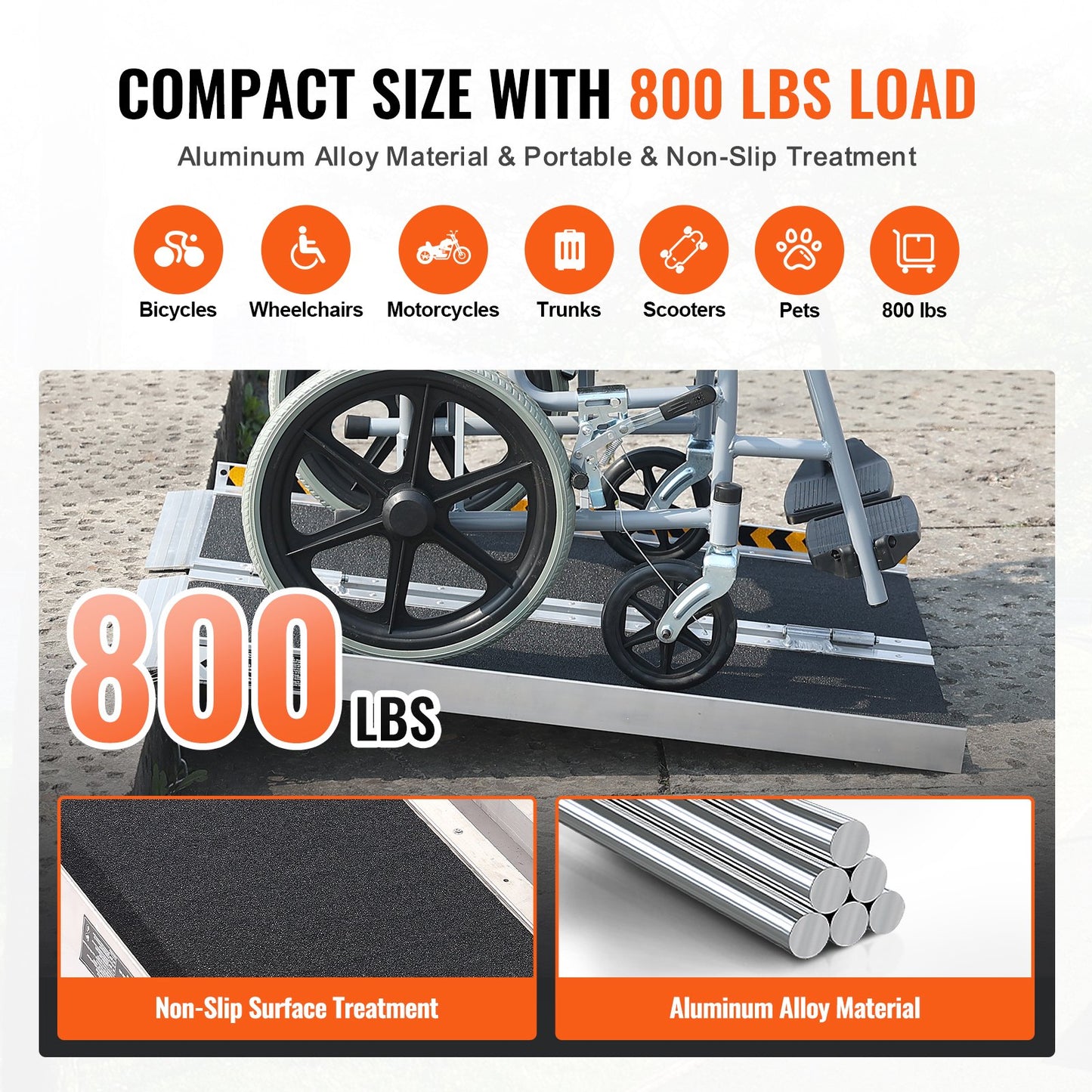 VEVOR Portable Wheelchair Ramp, 3 ft 800 lbs Capacity, Non-Slip Aluminum Folding Threshold Ramp,-$70