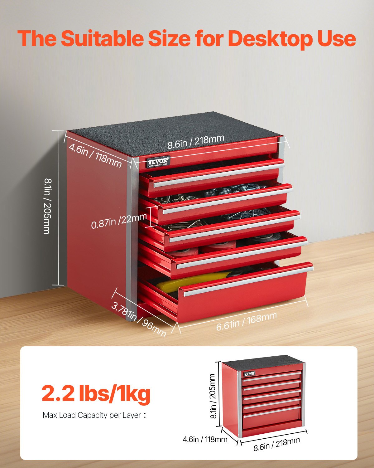 VEVOR Metal Tool Box, 8.6-inch, Portable Metal Tool Box with 5 Drawers,EVA Liners and PP Feet Pads,-$30