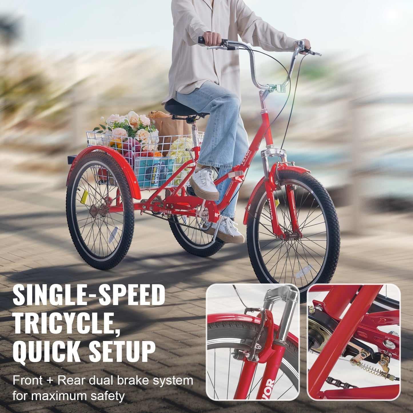 VEVOR Folding Adult Tricycle, 24-Inch Adult Folding Trikes, Carbon Steel 3 Wheel Cruiser Bike,-$250