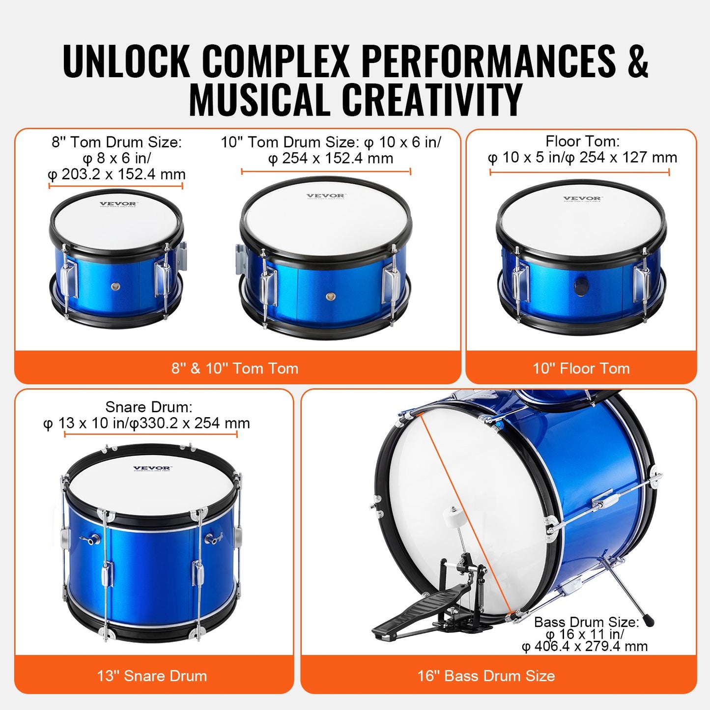 VEVOR Kids Drum Set, 5-Piece, 16 in Beginner Full Drum Set with Bass Toms Snare Floor Drum,-$130