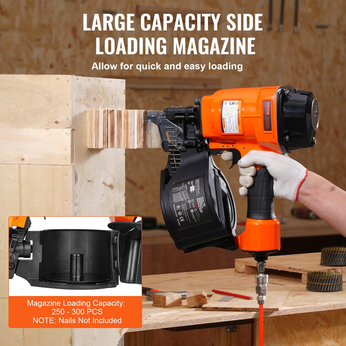 VEVOR Coil Siding Nailer MCN70,1-3/4" to 2-3/4" 15 Degree Pneumatic Siding Nail Gun,70-120PSI Air Coil Nailer for Pallet