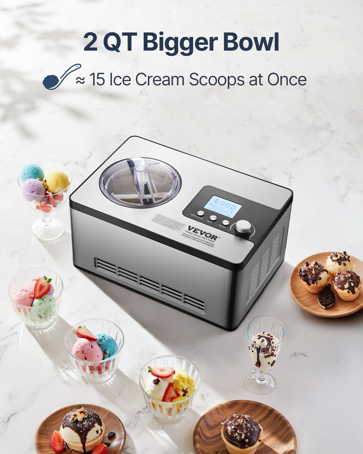 VEVOR Automatic Ice Cream Maker with Built-in Compressor, 2 Quart No Pre-freezing Fruit Yogurt Machine,-$170