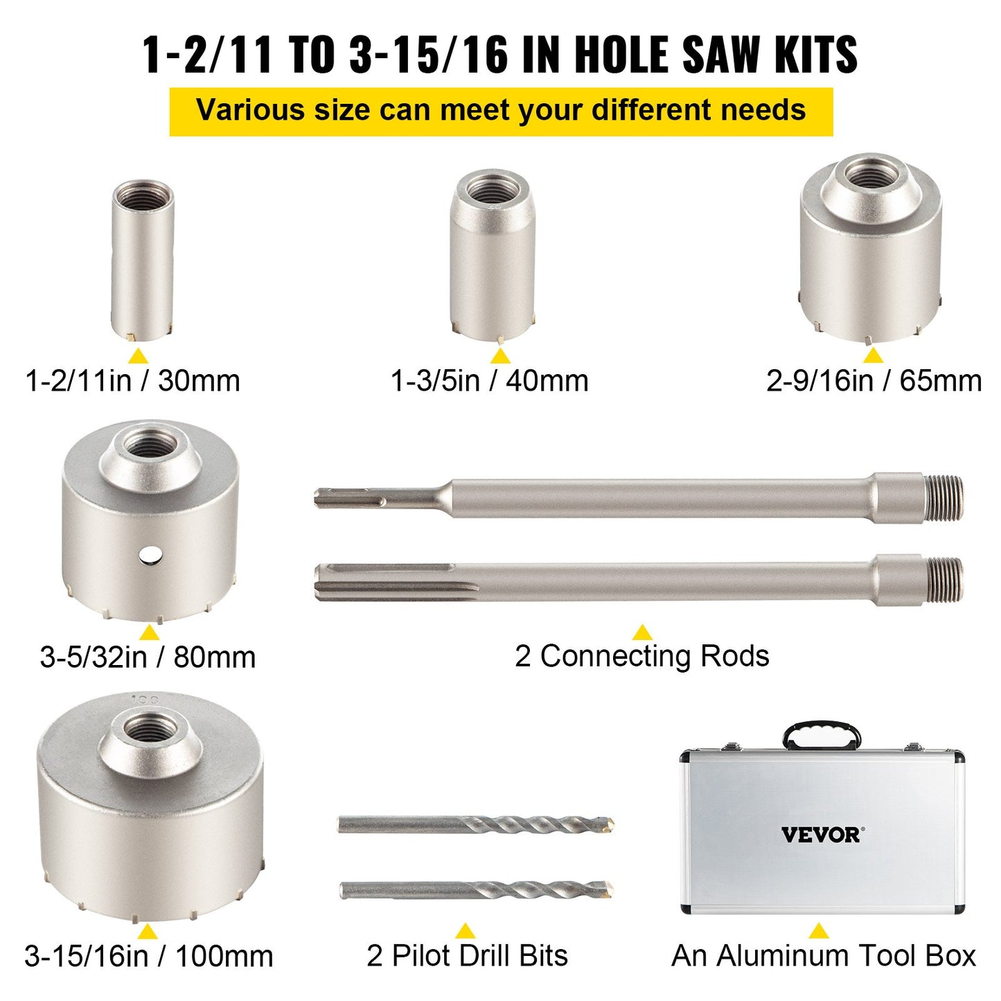 VEVOR Concrete Hole Saw Kit, 30/40/65/80/100mm Drill Bit Set SDS Plus or SDS Max Shank Wall Hole,-$50