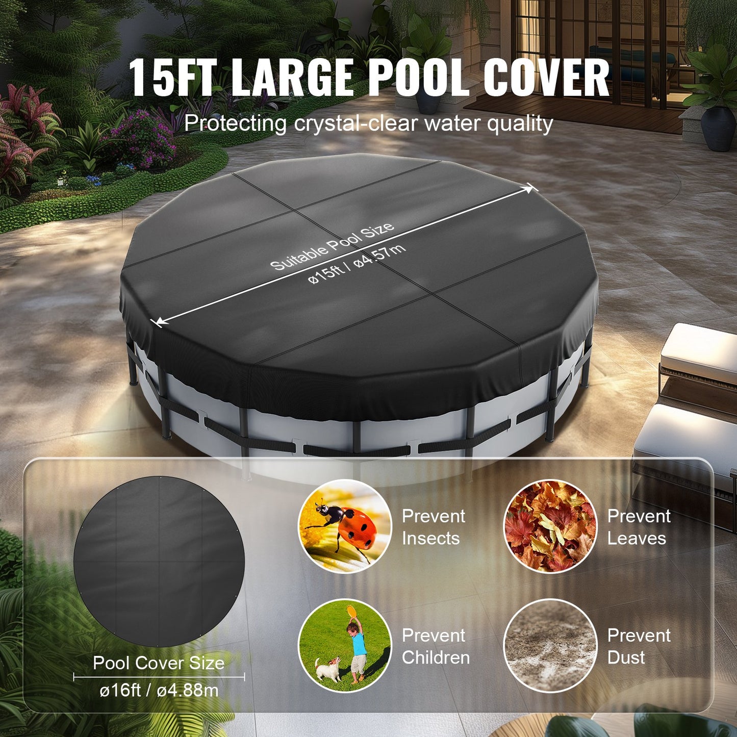 VEVOR 15 Ft Round Pool Cover, Solar Covers for Above Ground Pools, Safety Pool Cover with Drawstring Design,-$55