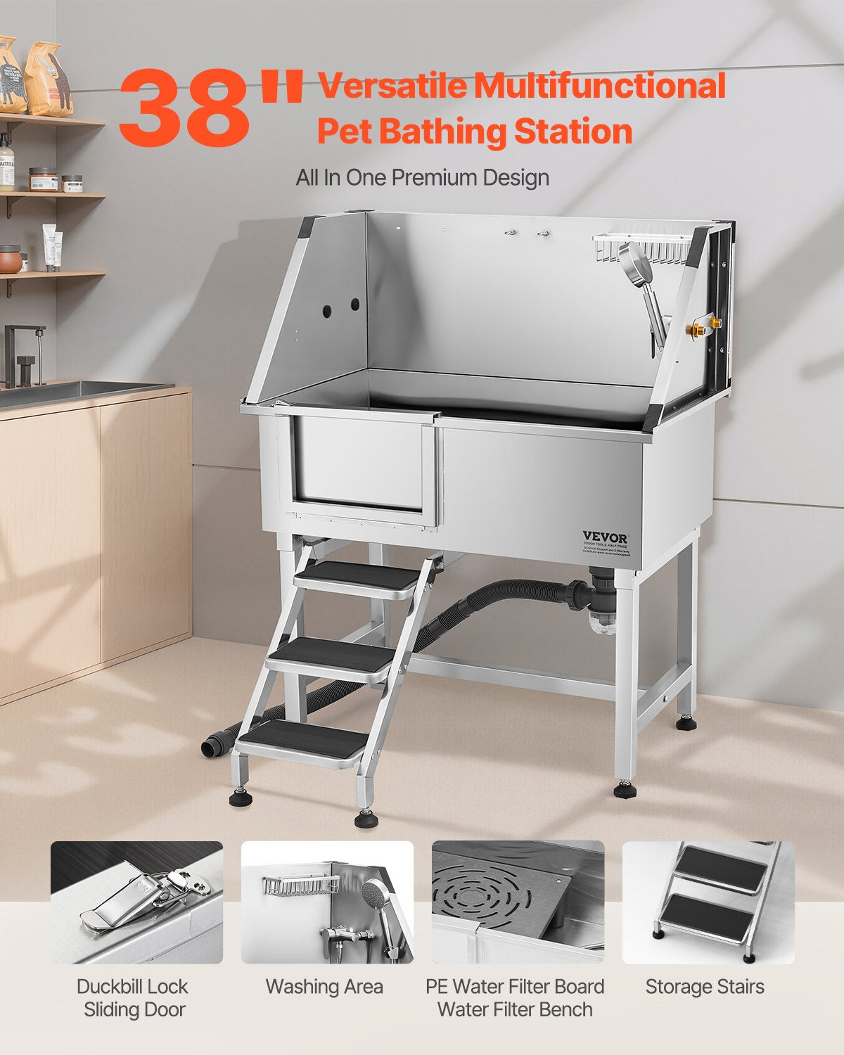 VEVOR 38 Inch Stainless Steel Dog Washing Station, Pet Grooming Tub with Hot & Cold Faucet, (Left Door)-$400