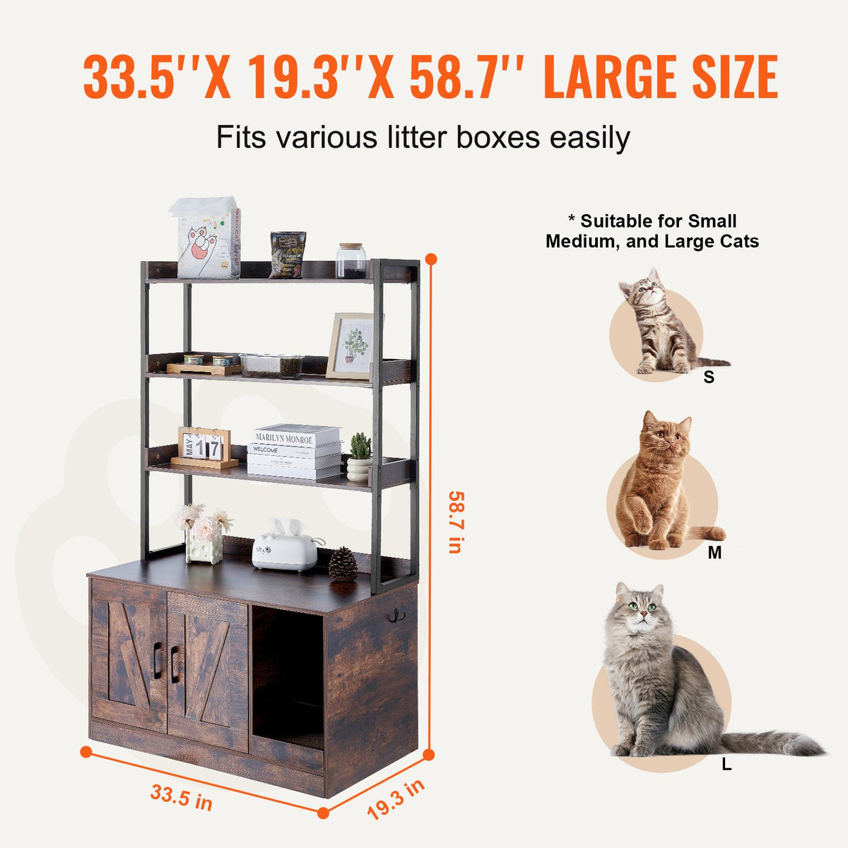 VEVOR Cat Litter Box Enclosure,Hidden Litter Box Furniture w/3 Storage Shelves,Wooden Cat Washroom Indoor,Large Cat House Cabinet Hidden Fit Most Litter Box