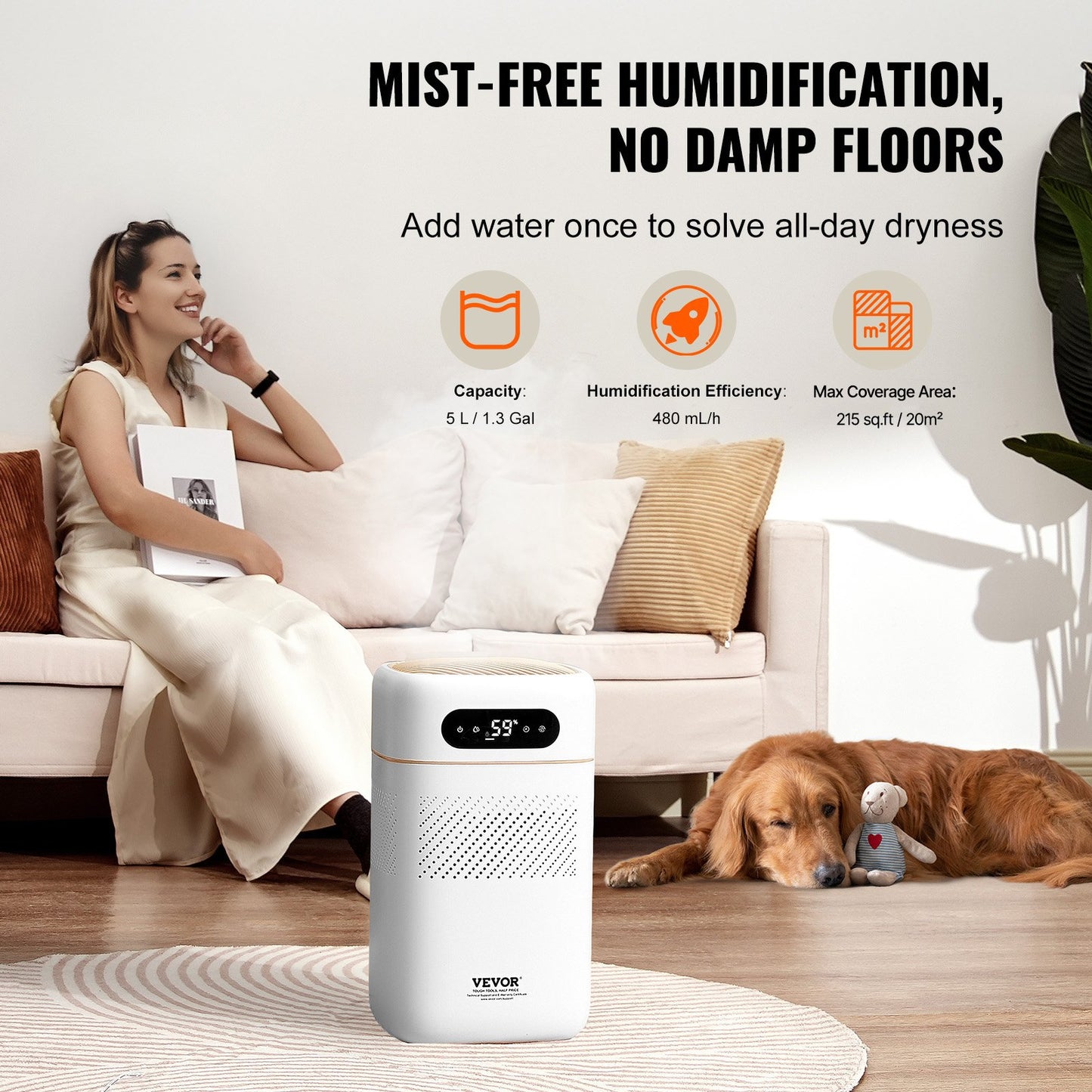 VEVOR Evaporative Humidifier for Whole House up to 215 sqft, 480 ml/h Smart Cool Moisture Humidifier,-$60