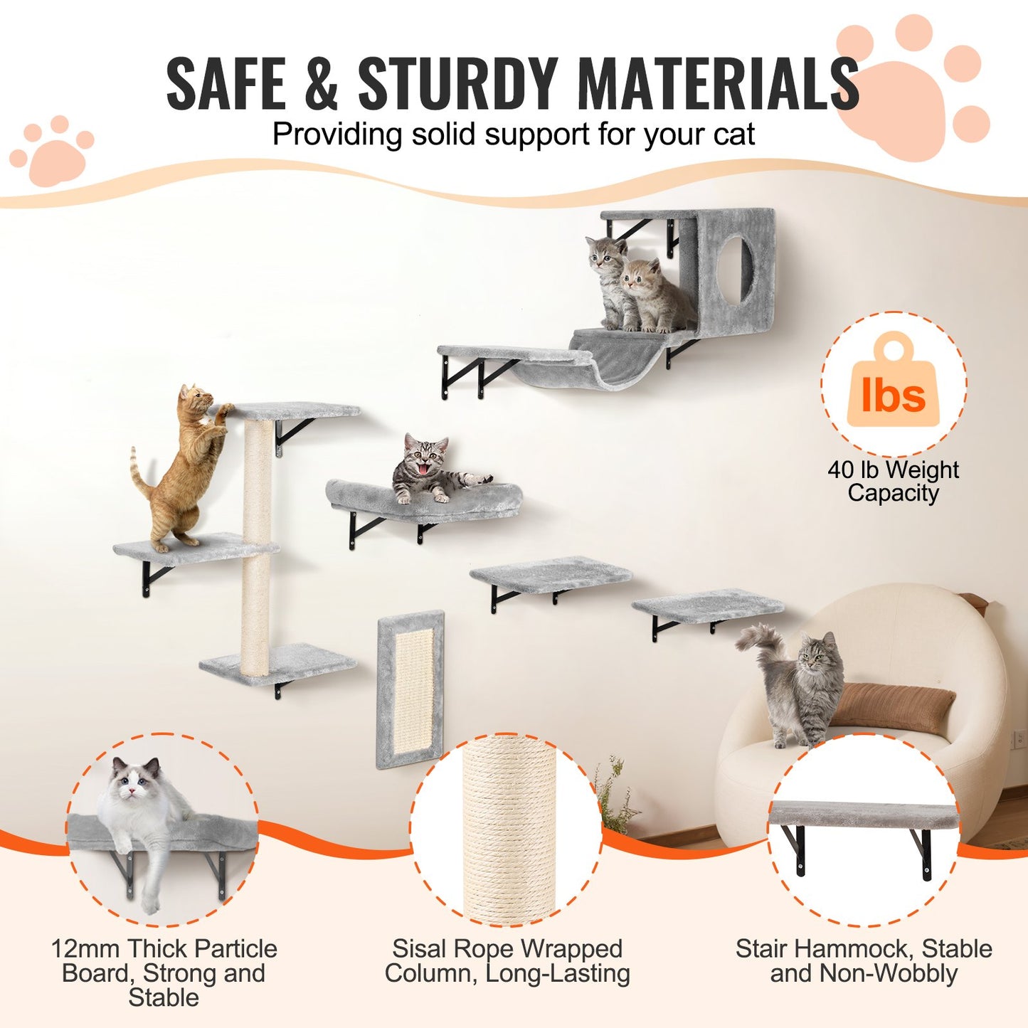 VEVOR Wall Mounted Cat Shelves, Cat Wall Shelves and Perches with Jumping Boards, Hammock,-$55