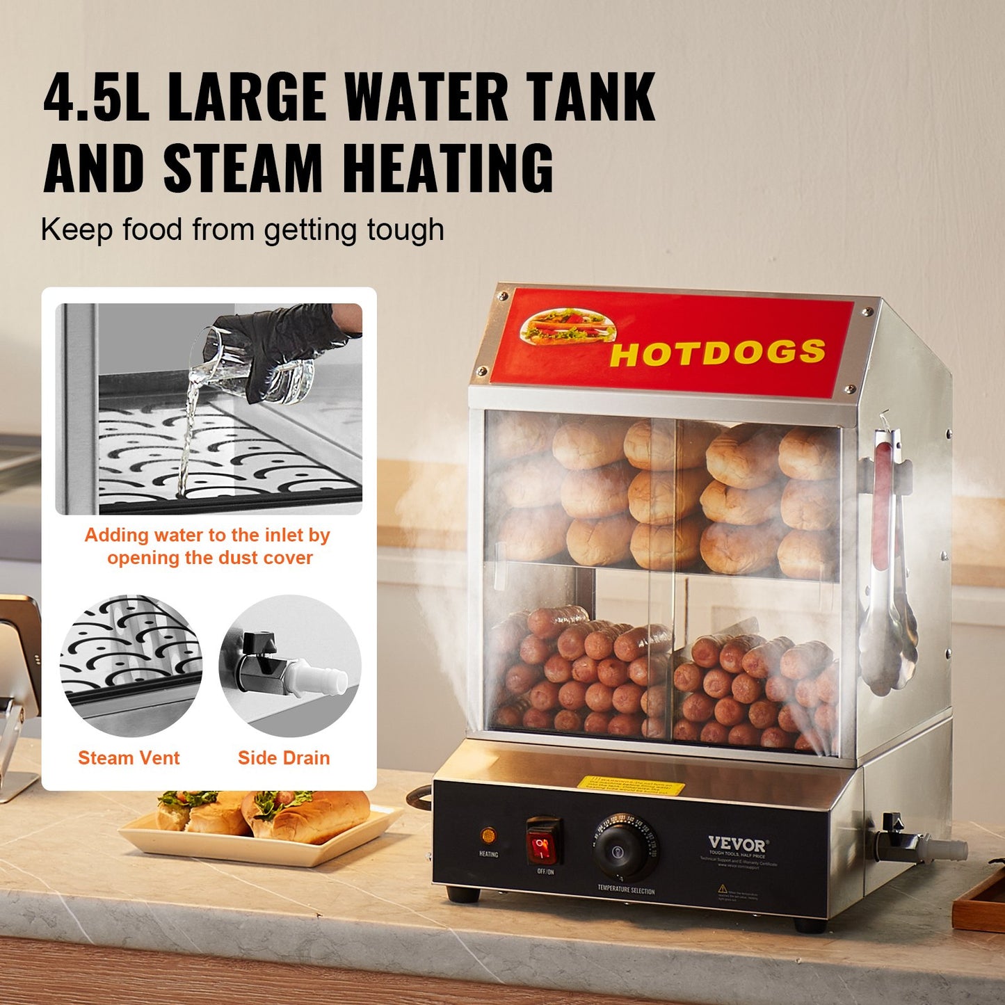 VEVOR Hot Dog Steamer, 28.5QT, 2-Tier Hot Dog Hut Steamer, 86℉~185℉ Temperature Control,-$185