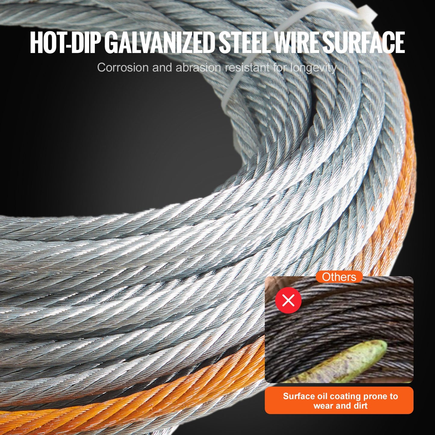 VEVOR Galvanized Steel Winch Cable, 3/8 Inch x 50 Feet 15,200 lbs Breaking Strength, Wire Winch Rope,-$60