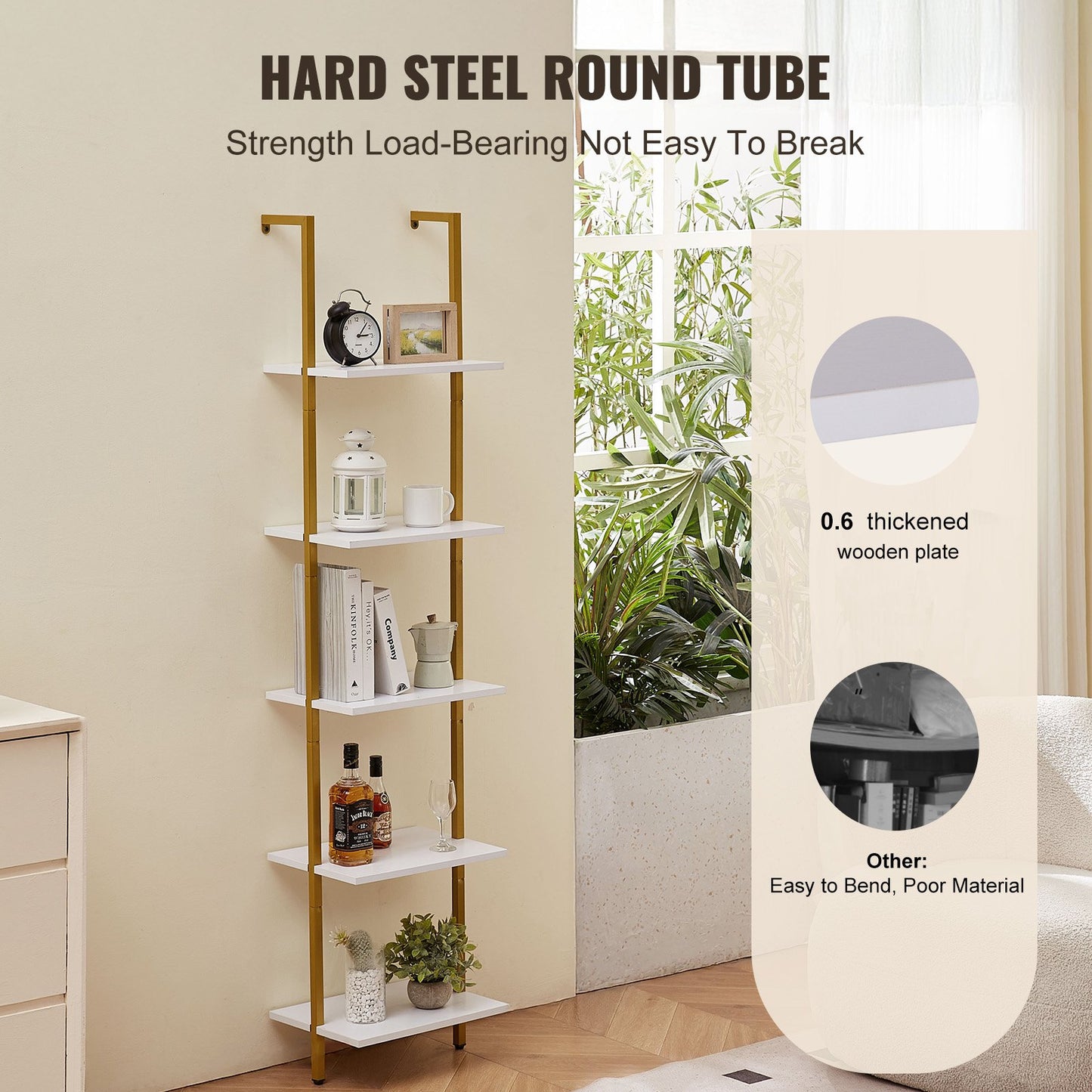 VEVOR Ladder Shelf, 5-Tier Bookshelf 15.6x11.8in, Open Wall-Mounted Ladder Shelf with Metal Frame,-$40