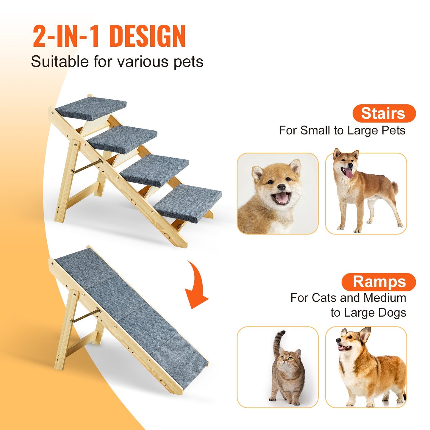 VEVOR Wood Pet Stairs/Pet Steps, 2-in-1 Foldable Wooden Dog Stair for Beds, Sofa and Cars,-$70