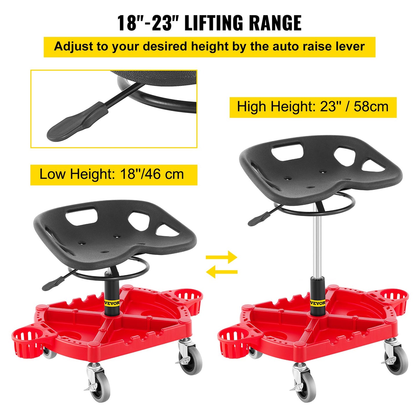 VEVOR Rolling Garage Stool, 300LBS Capacity, Adjustable Height from 18 in to 23 in, 360-degree Wheels,-$65