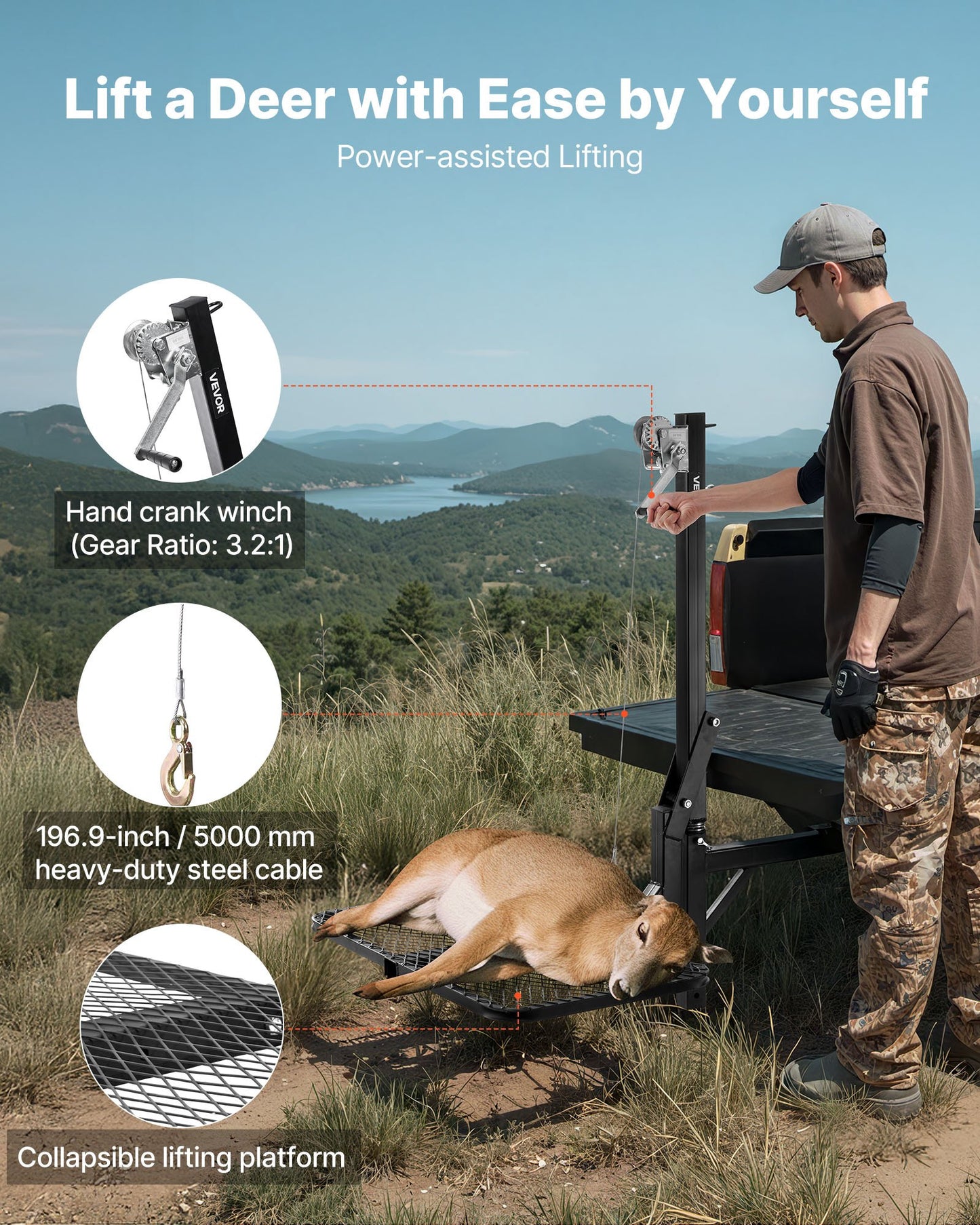 VEVOR Hitch Deer Hoist with Lifting System Platform, 300 lbs Load Capacity, Game Hoist Winch Lift,-$110