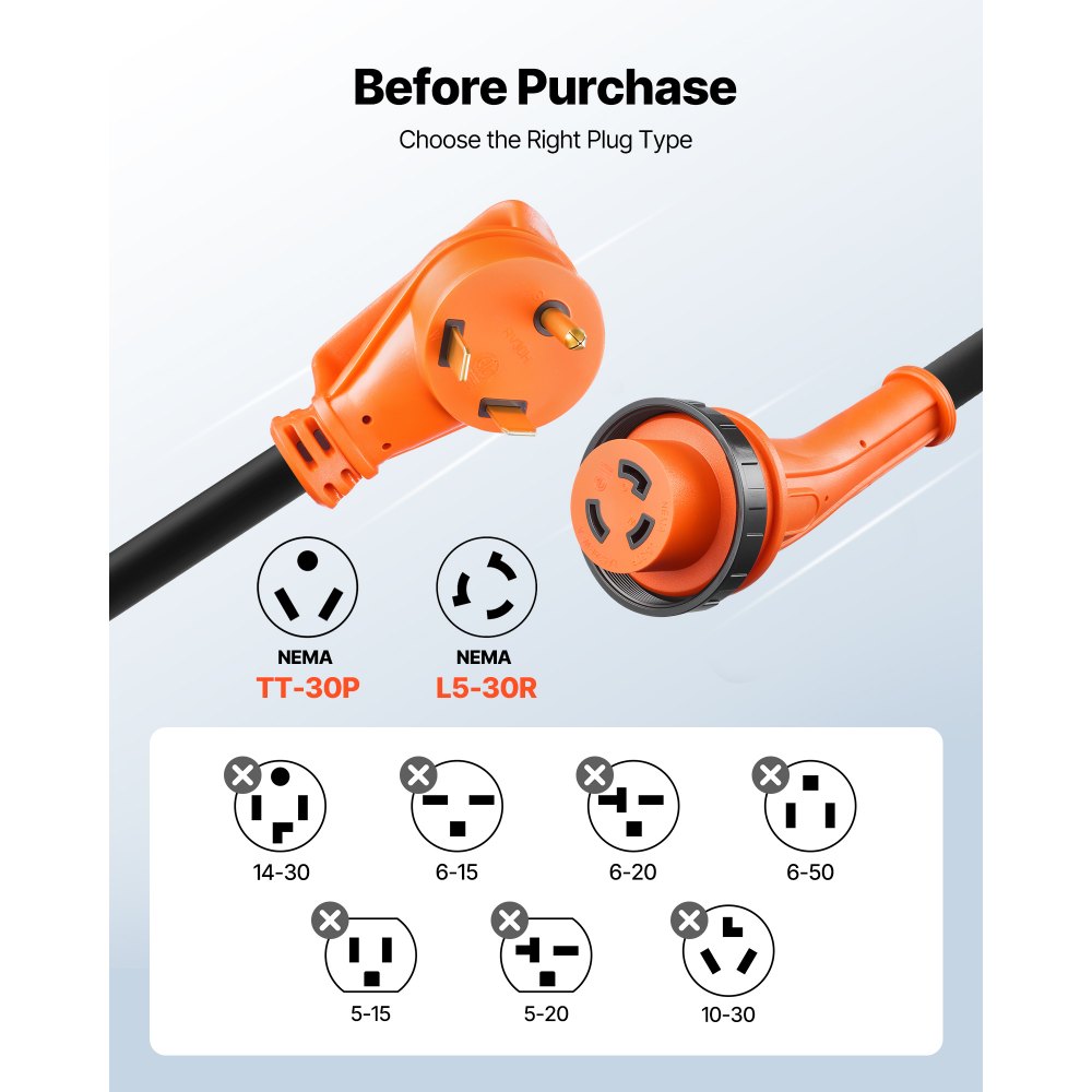 VEVOR 30 Amp 25 Feet RV Power Cord, 125V 3750W, Heavy Duty 10/3 Gauge STW Generator Cord,-$50
