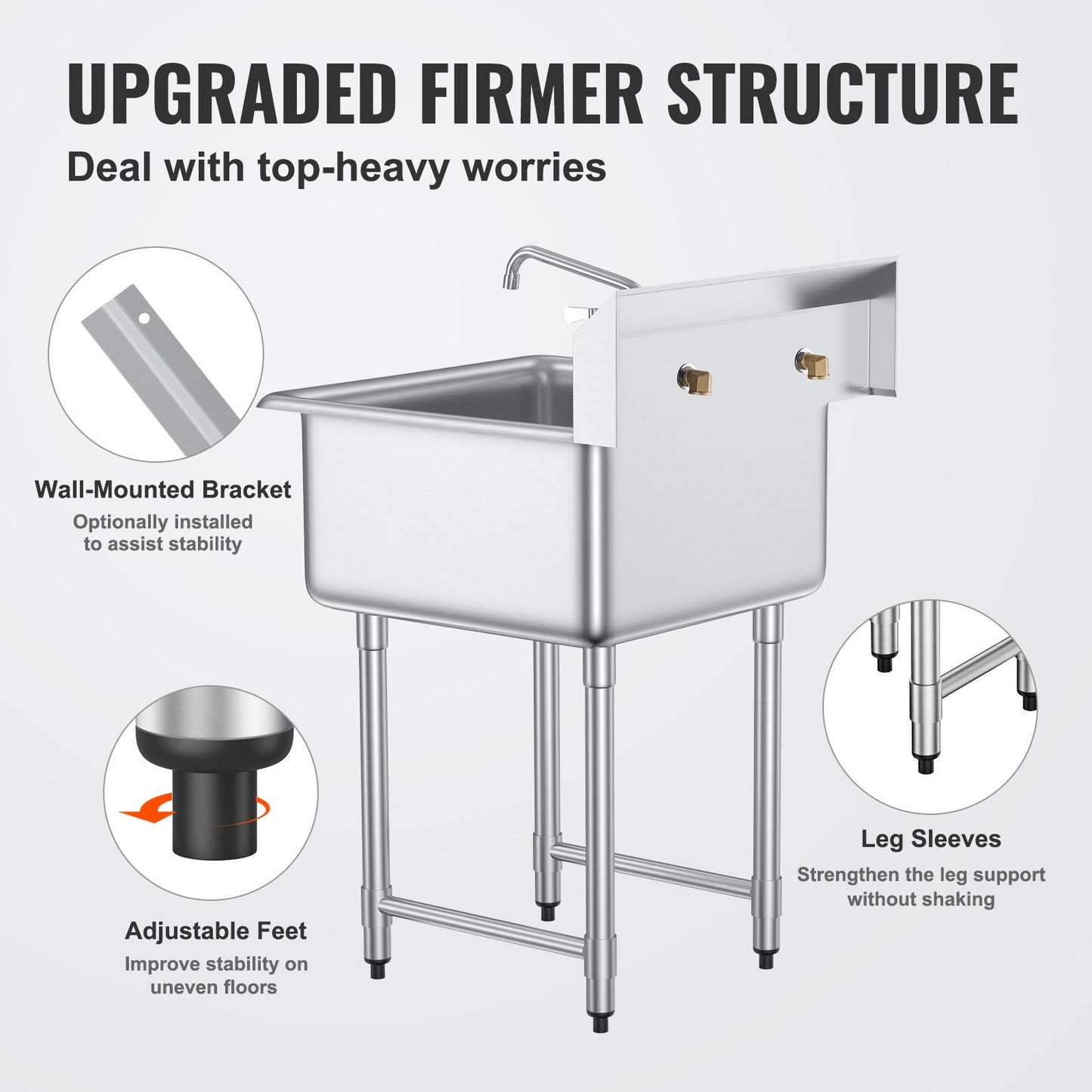 VEVOR Stainless Steel Prep & Utility Sink, 1 Compartment Free Standing Small Sink Include Faucet & legs,-$350