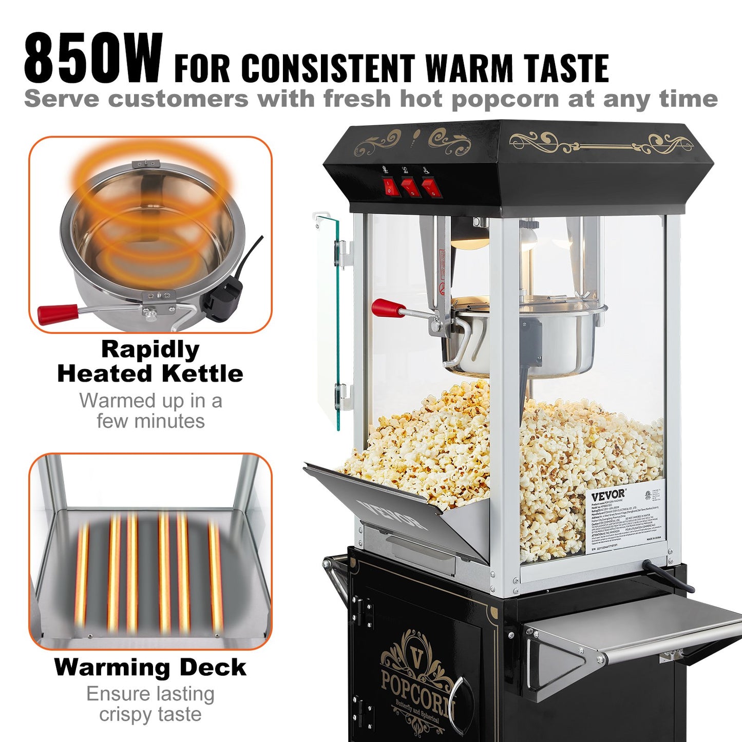 VEVOR Popcorn Maker with Cart, 850W Popcorn Popper Machine, 8 Oz Kettle Makes 48 Cups,-$210