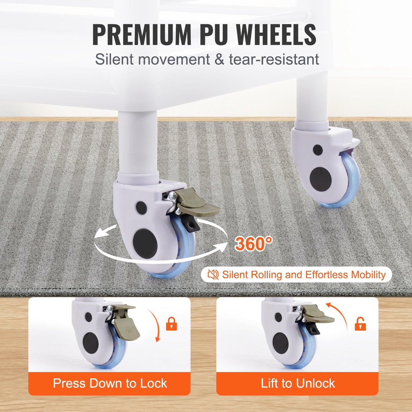 VEVOR 3-Tier Lab Utility Cart with 3 Trays & 4 Silent Wheels,  PP Material,-$130