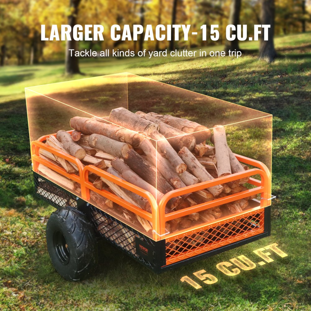 VEVOR Heavy Duty Steel ATV Dump Trailer, 1500-Pound Load Capacity 15 Cubic Feet, with Removable Sides and 2 Tires