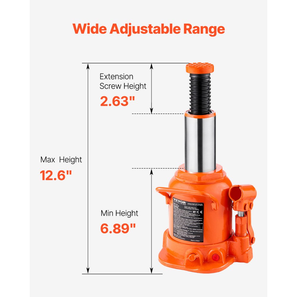 VEVOR Hydraulic Bottle Jack, 20 Ton/44092 lbs Welded Bottle Jack with 6.69''-12.6'' Lifting Range,-$40