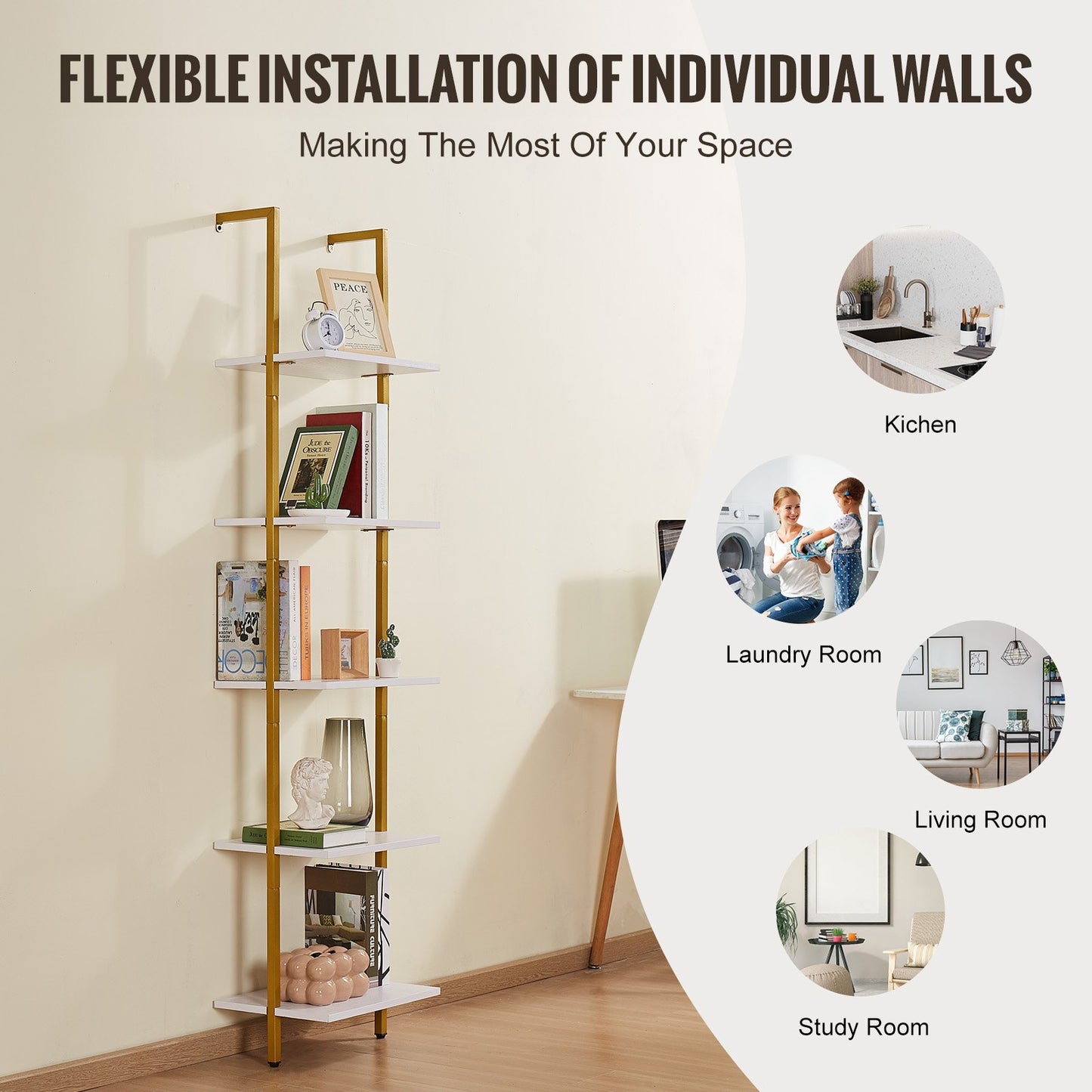 VEVOR Ladder Shelf, 5-Tier Bookshelf 15.6x11.8in, Open Wall-Mounted Ladder Shelf with Metal Frame,-$40