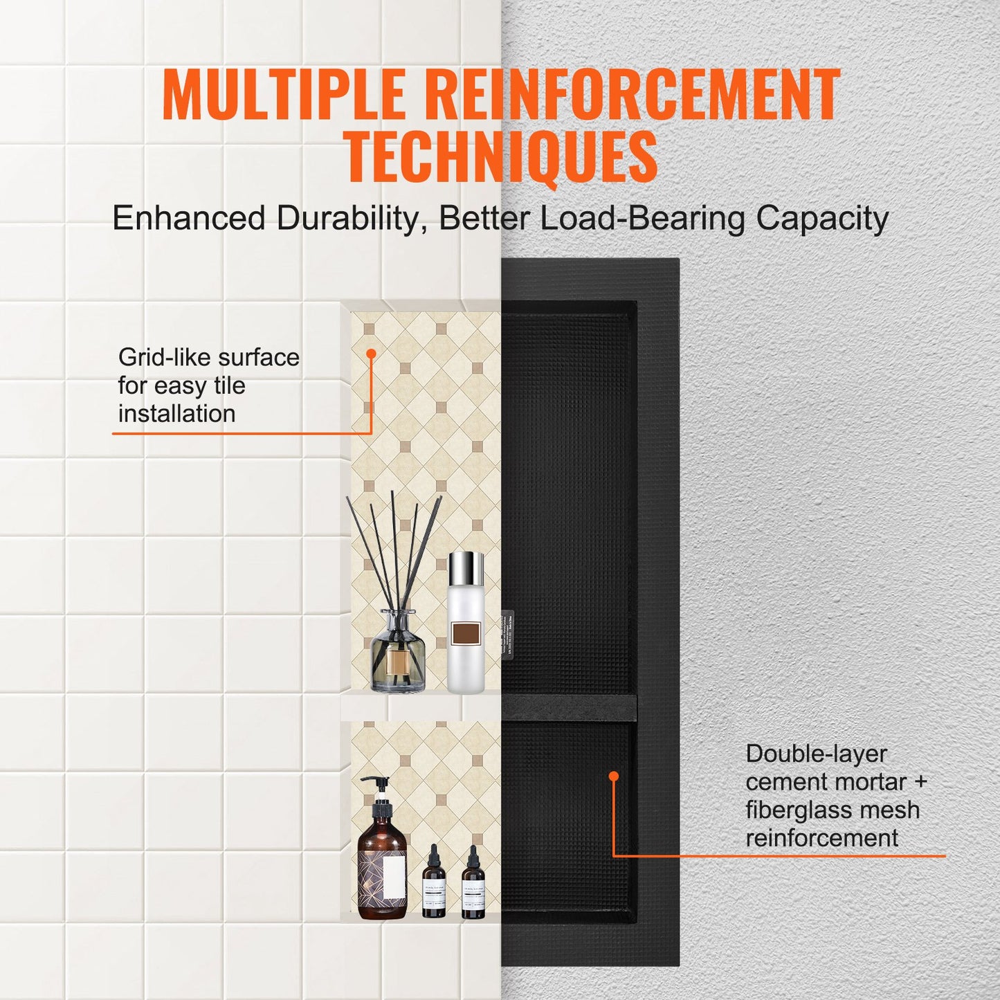 VEVOR Shower Niche Ready for Tile 16" x 32", Double Shelf Organizer, Square Corners Wall-inserted Niche,-$50