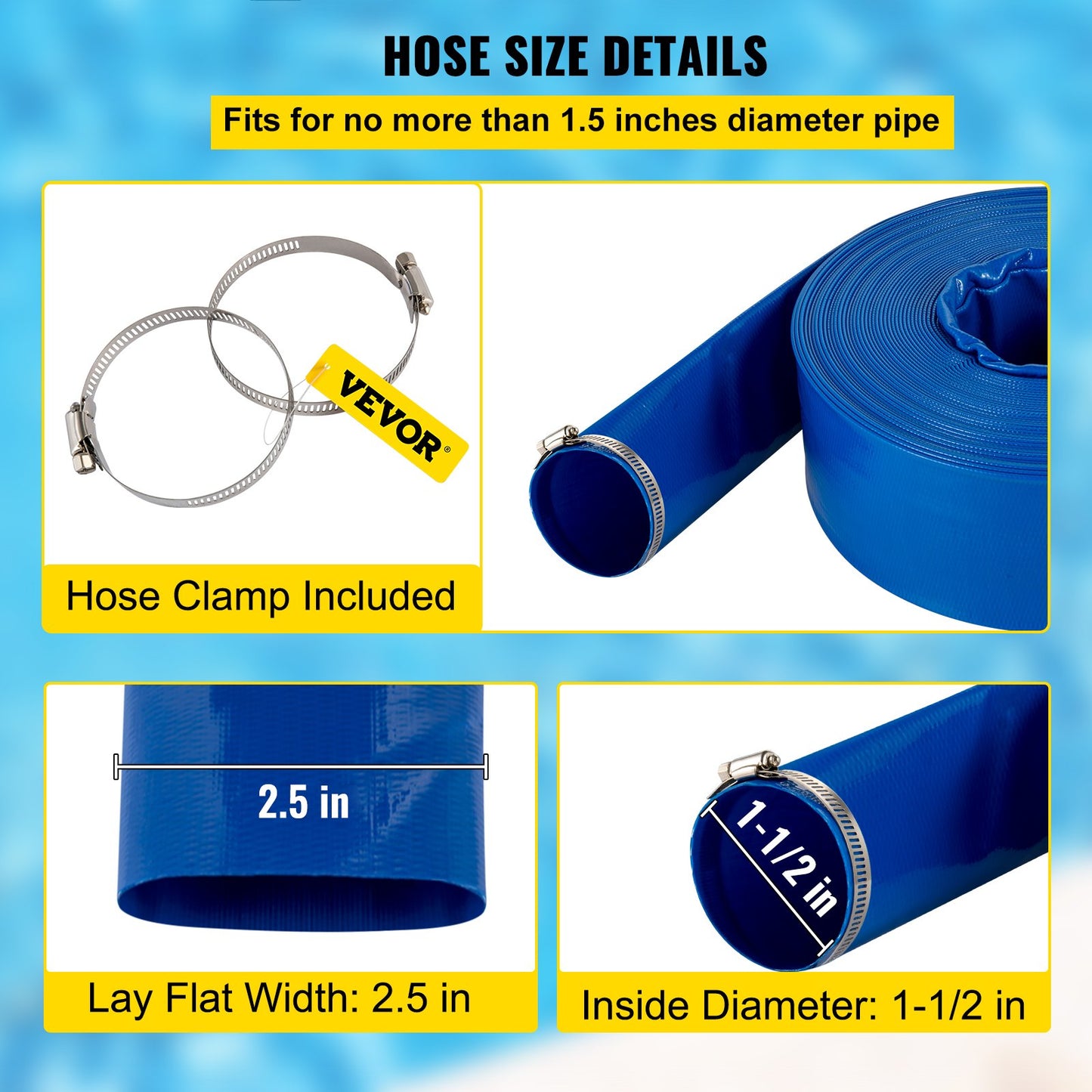 VEVOR Discharge Hose, 1-1/2" x 100', PVC Fabric Lay Flat Hose, Heavy Duty Backwash Drain Hose with Clamps
