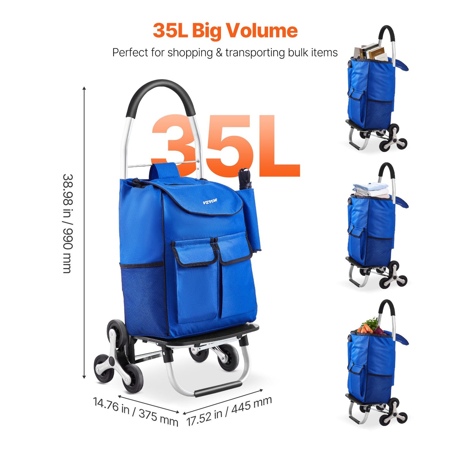 VEVOR Stair Climber Trolley Dolly, 36L Folding Shopping Cart, Grocery Cart Trolley Laundry Stair Climbing,-$30