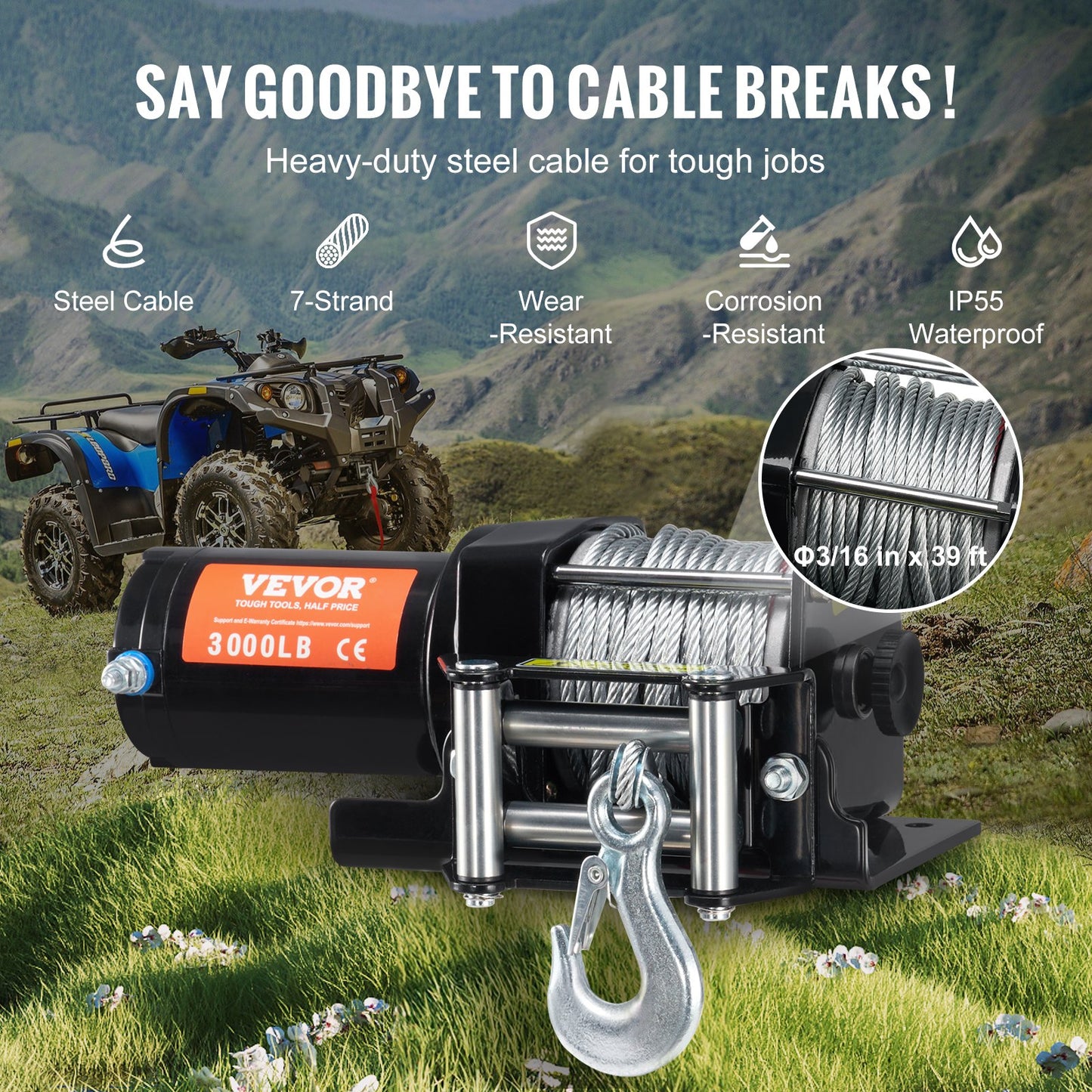 VEVOR Electric Winch, 3000 lb Line Pull Capacity, 12V DC ATV/UTV Winch with Φ3/16 in x 39 ft,-$75