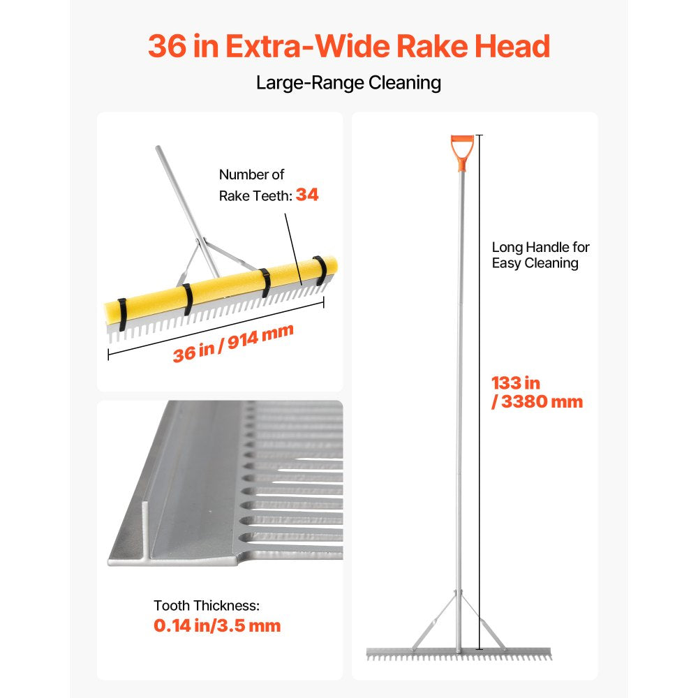 VEVOR Landscape Rake, 36 inch Wide Head 133 inch Handle, Large Aluminum Landscaping,-$35