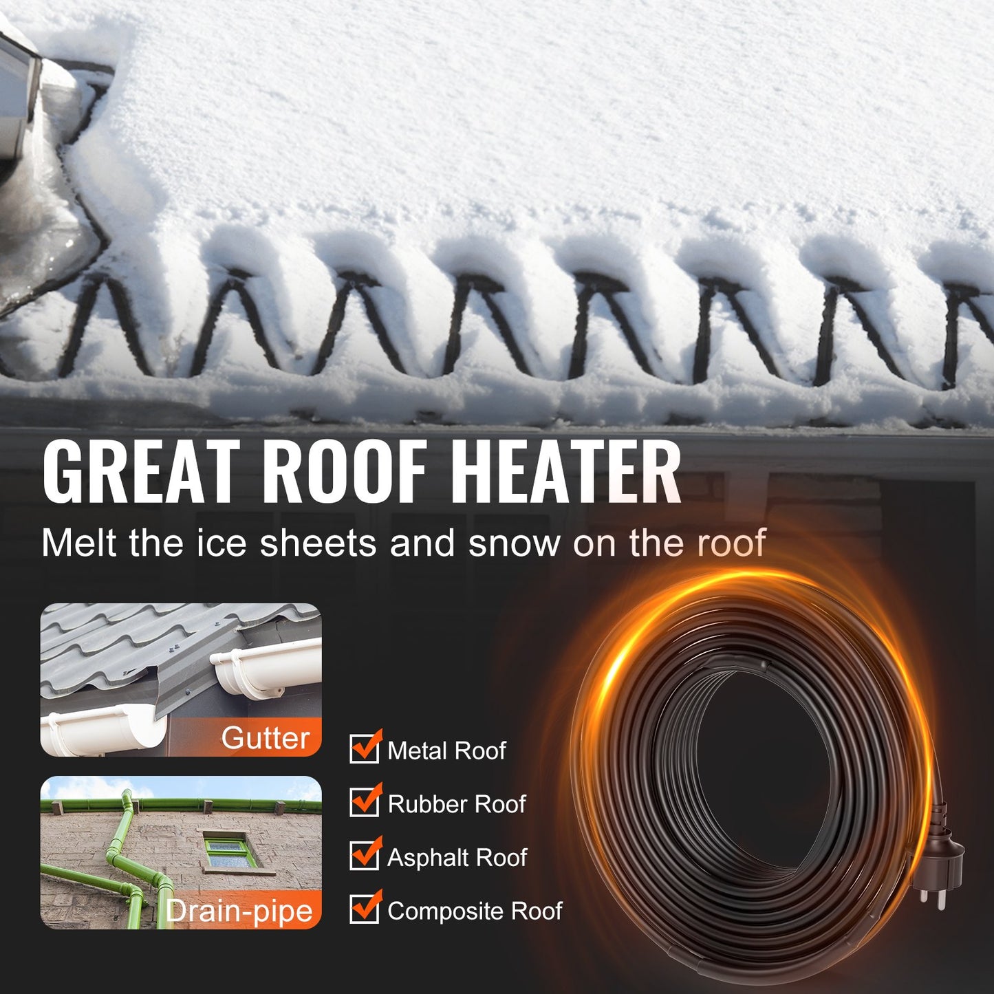 VEVOR Self-Regulating Pipe Heating Cable, 30FT 5W/FT Heat Tape for Pipes, Roof Snow Melting,-$30