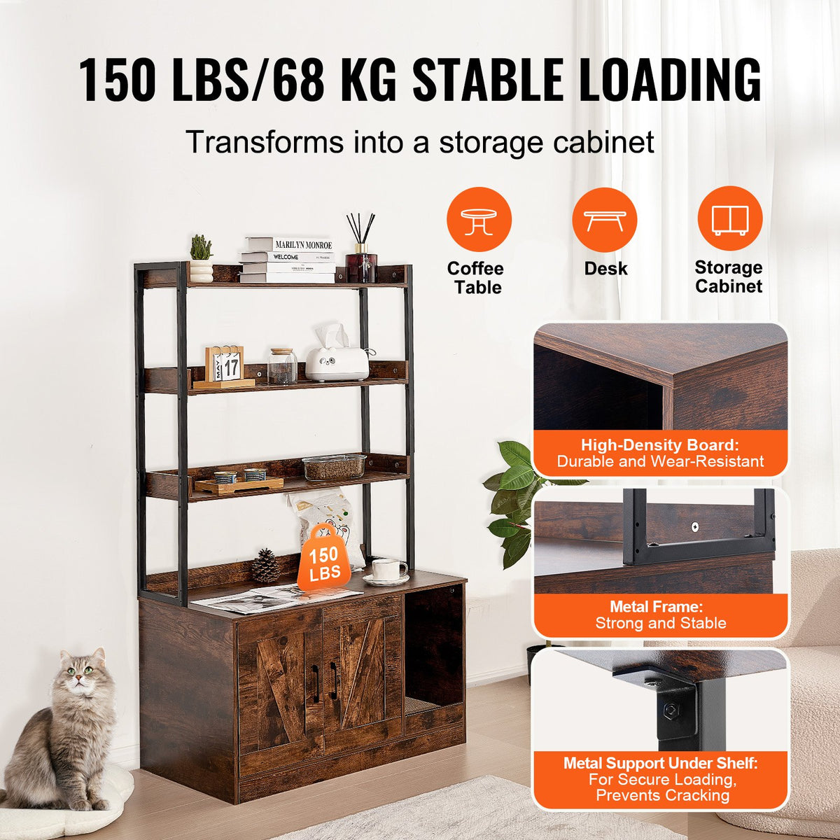 VEVOR Cat Litter Box Enclosure,Hidden Litter Box Furniture w/3 Storage Shelves,Wooden Cat Washroom Indoor,Large Cat House Cabinet Hidden Fit Most Litter Box