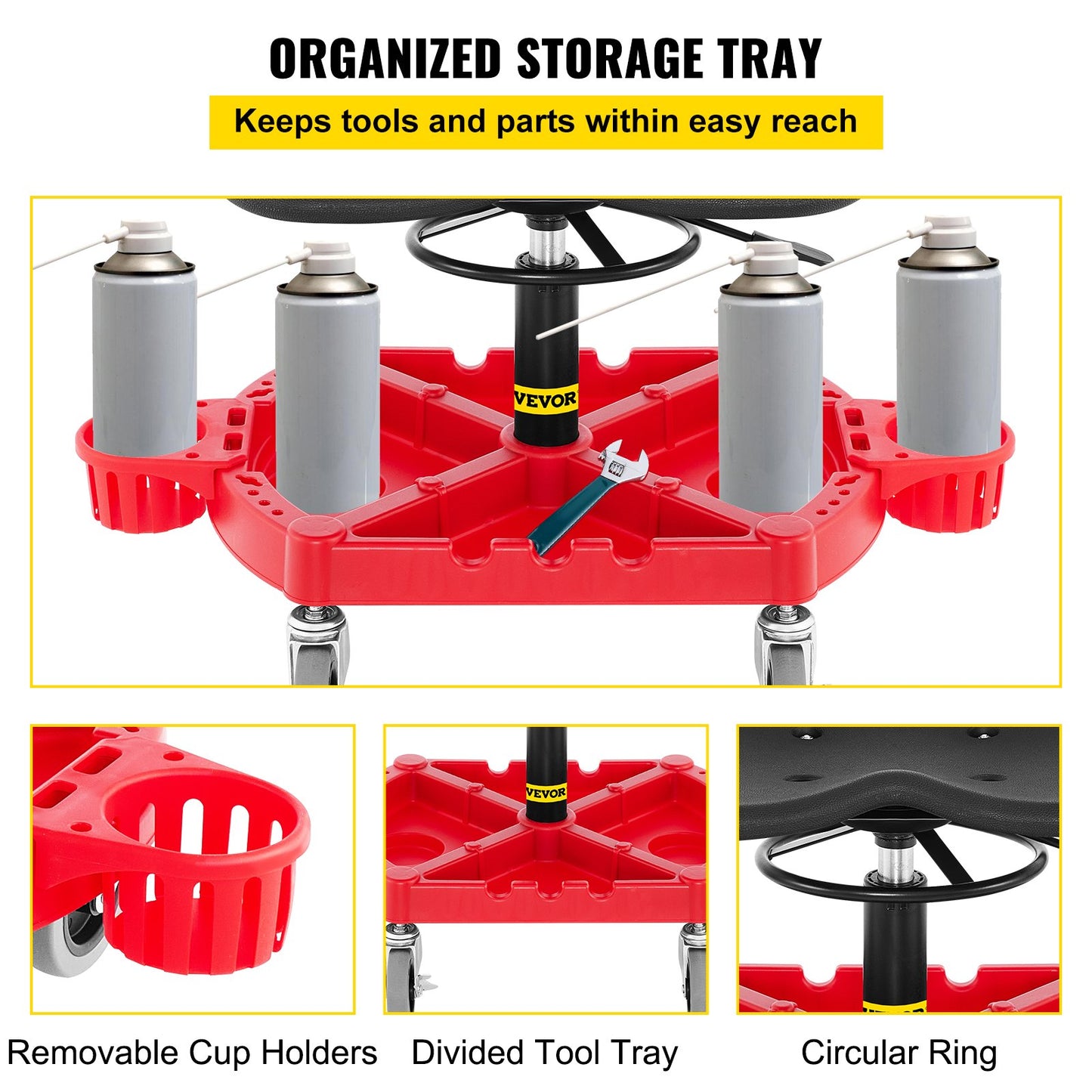 VEVOR Rolling Garage Stool, 300LBS Capacity, Adjustable Height from 18 in to 23 in, 360-degree Wheels,-$65