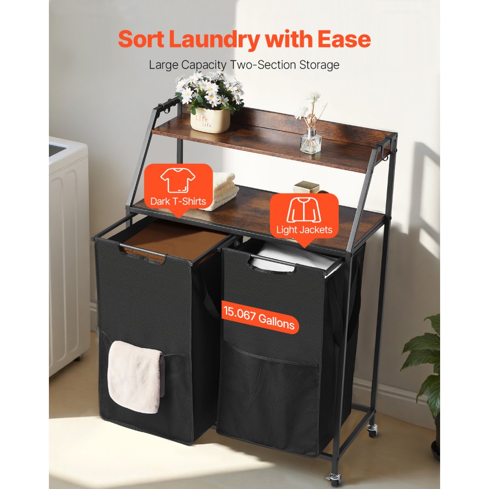VEVOR 2 Tiers Laundry Sorter, Tall Laundry Hamper with Metal Frame and Wooden Tabletop,-$50
