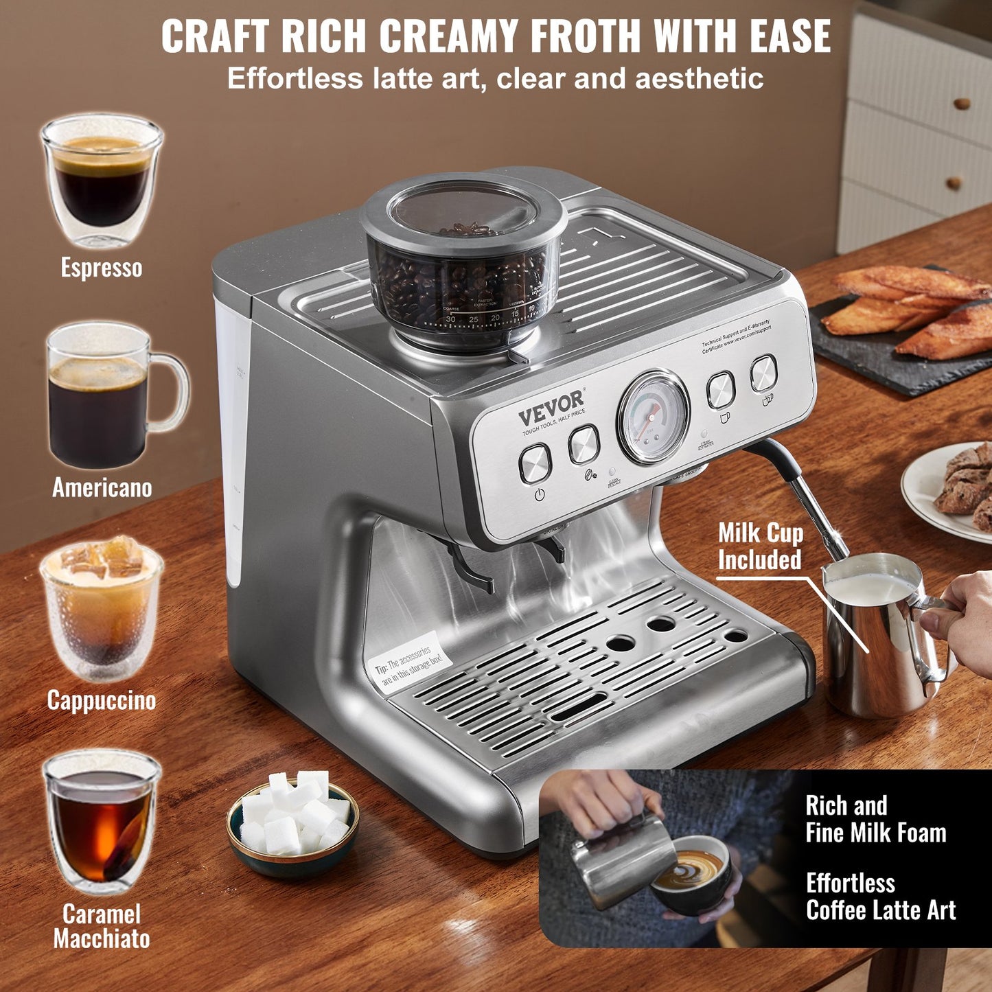 VEVOR Espresso Machine with Grinder, 15 Bar Semi Automatic Espresso Coffee Maker,-$270