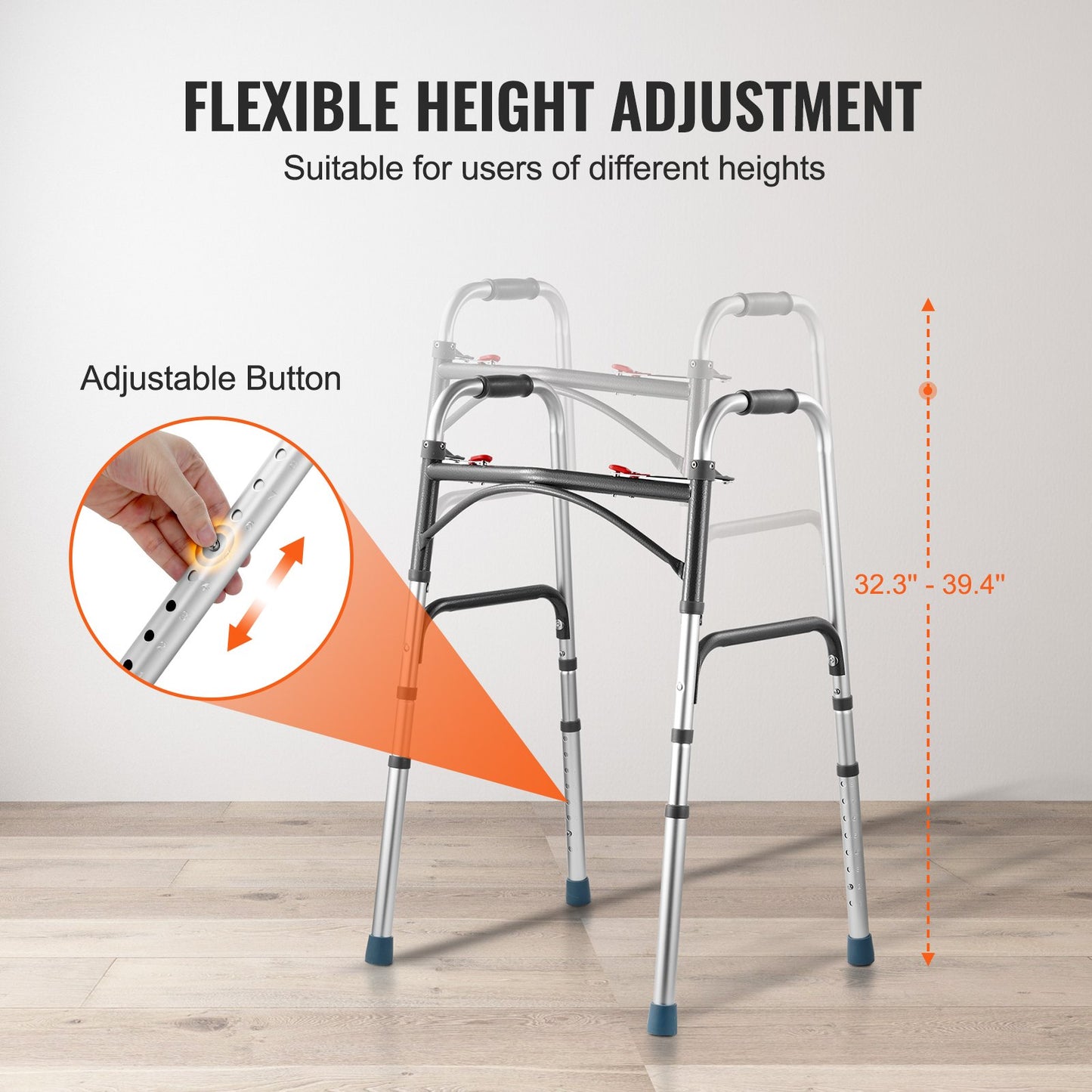 VEVOR Folding Walker, 2-Button Folding Walkers with 8-Level Adj Height and Durable Handles,-$35