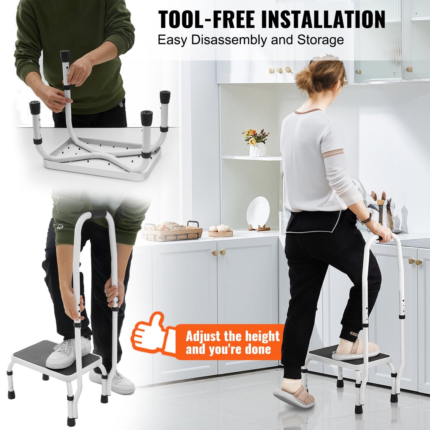 VEVOR Step Stool 1-Step 330lbs Capacity, 3 Adjustable Height with Handle Steel Step Ladder,-$45