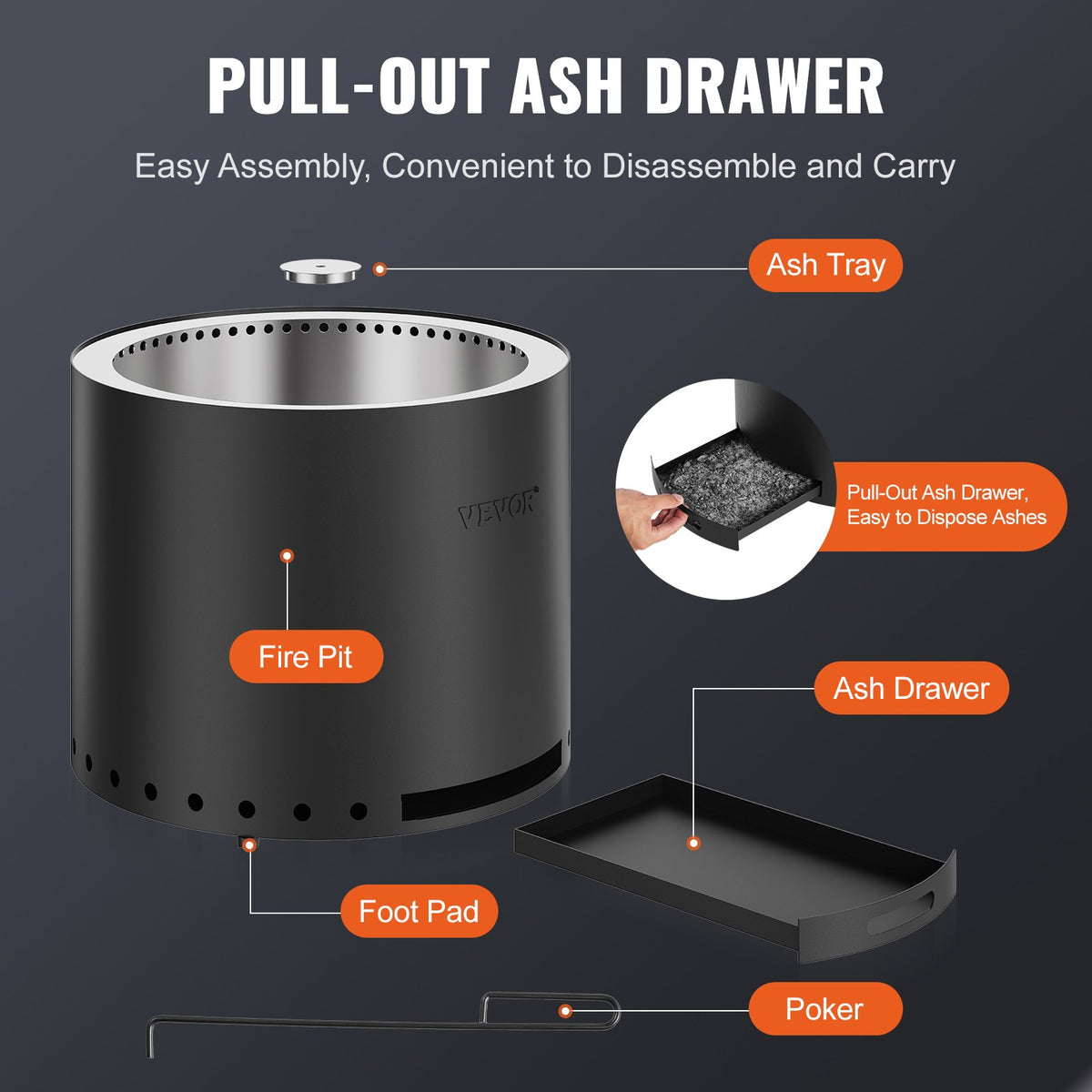 VEVOR Smokeless Fire Pit Stove Bonfire,Wood Burning Fireplaces W/Removable Ash Pan,SUS430 Stainless Steel inner Portable Outdoor Firepit,for Outdoor Patio Camping