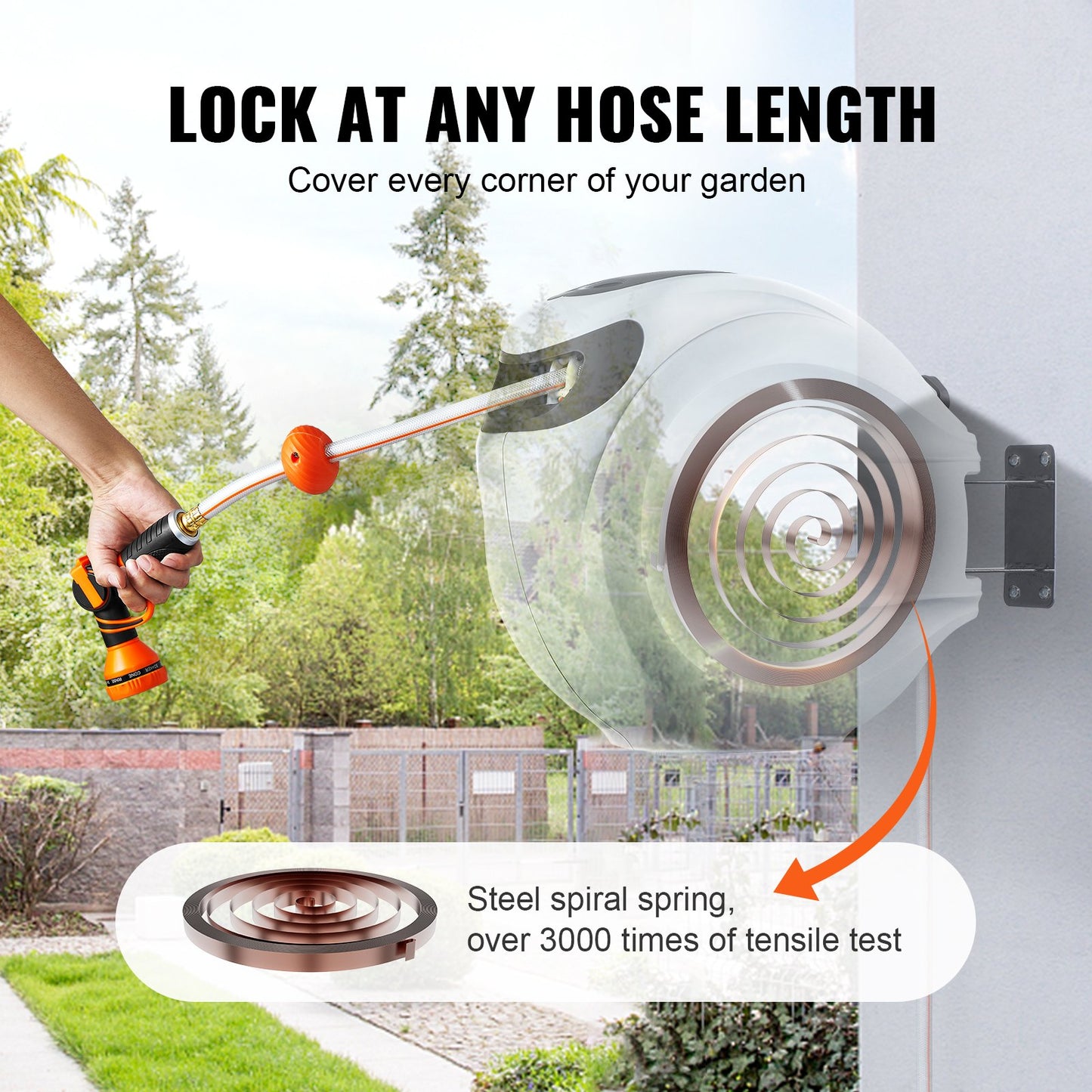 VEVOR Retractable Hose Reel, 115 ft x 1/2 inch, 180° Swivel Bracket Wall-Mounted, Garden Water Hose Reel,-$100