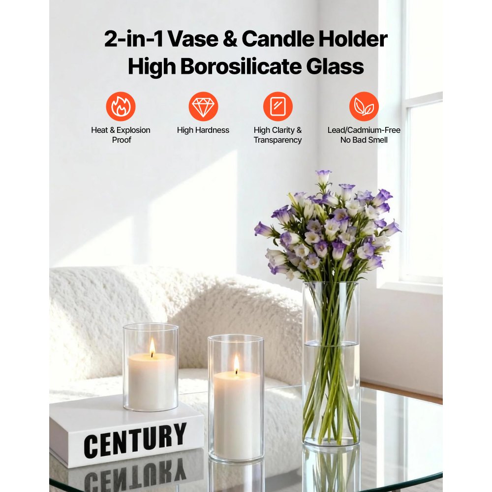 OPen Box(Used)VEVOR Pillar Candles and Glass Vases Set 36 Pcs, Clear Cylinder Hurricane Candle Holders,-$60