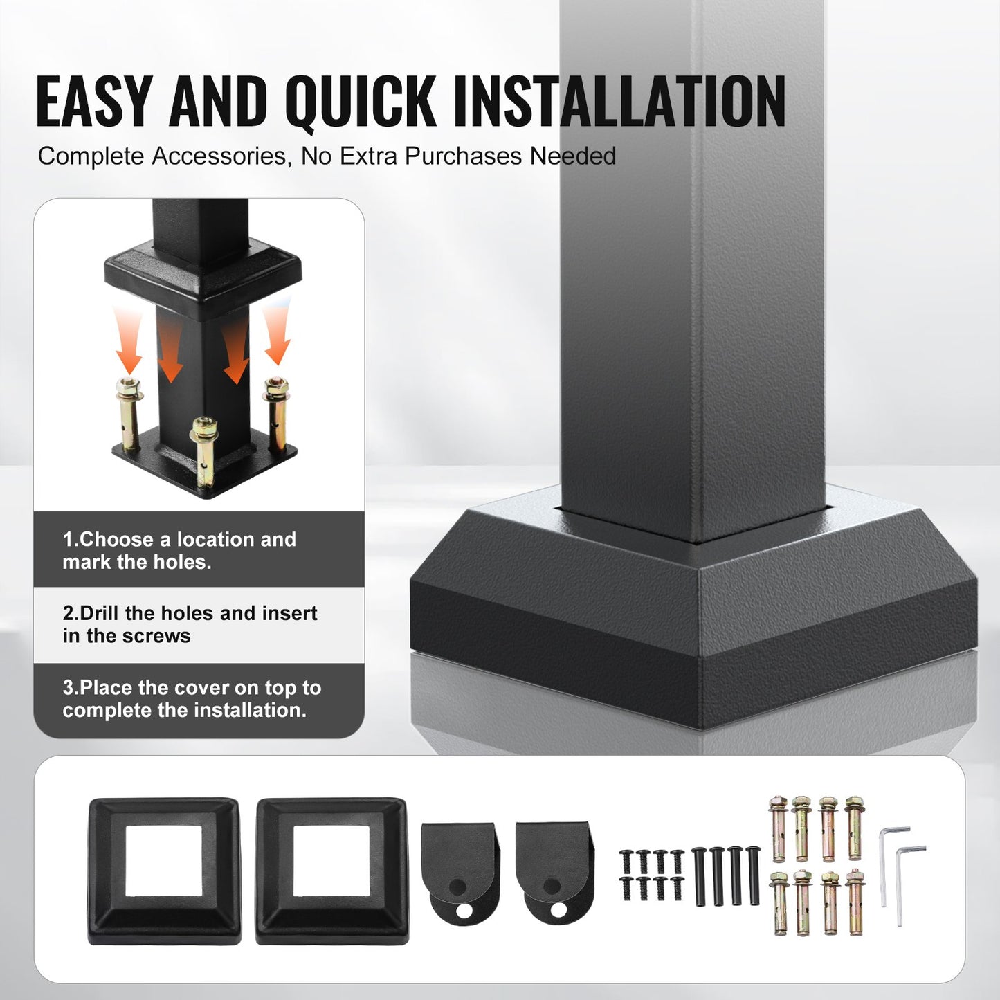 VEVOR Outdoor Handrails for Steps, 2-3 Step Stair Rail Kit, Black Square Tube with Horizontal Bar,-$35